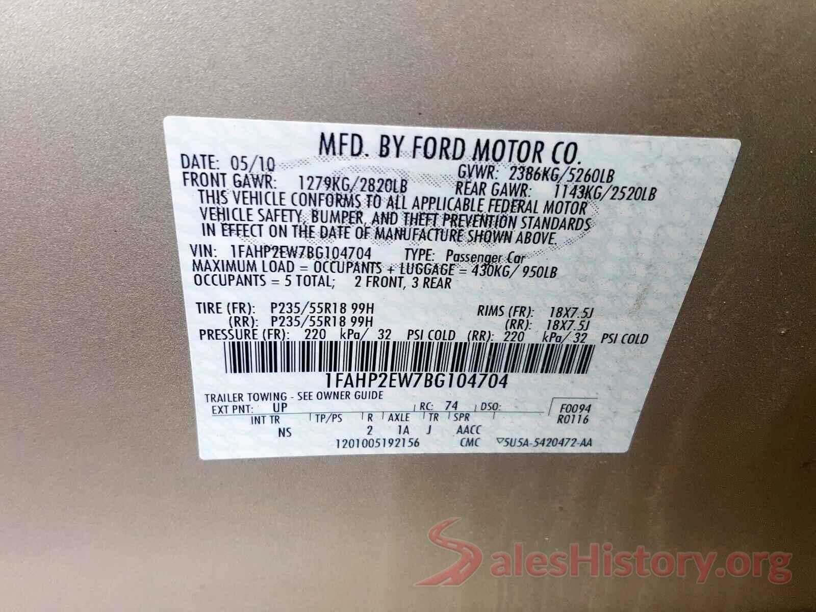 5XXGU4L32GG084945 2011 FORD TAURUS