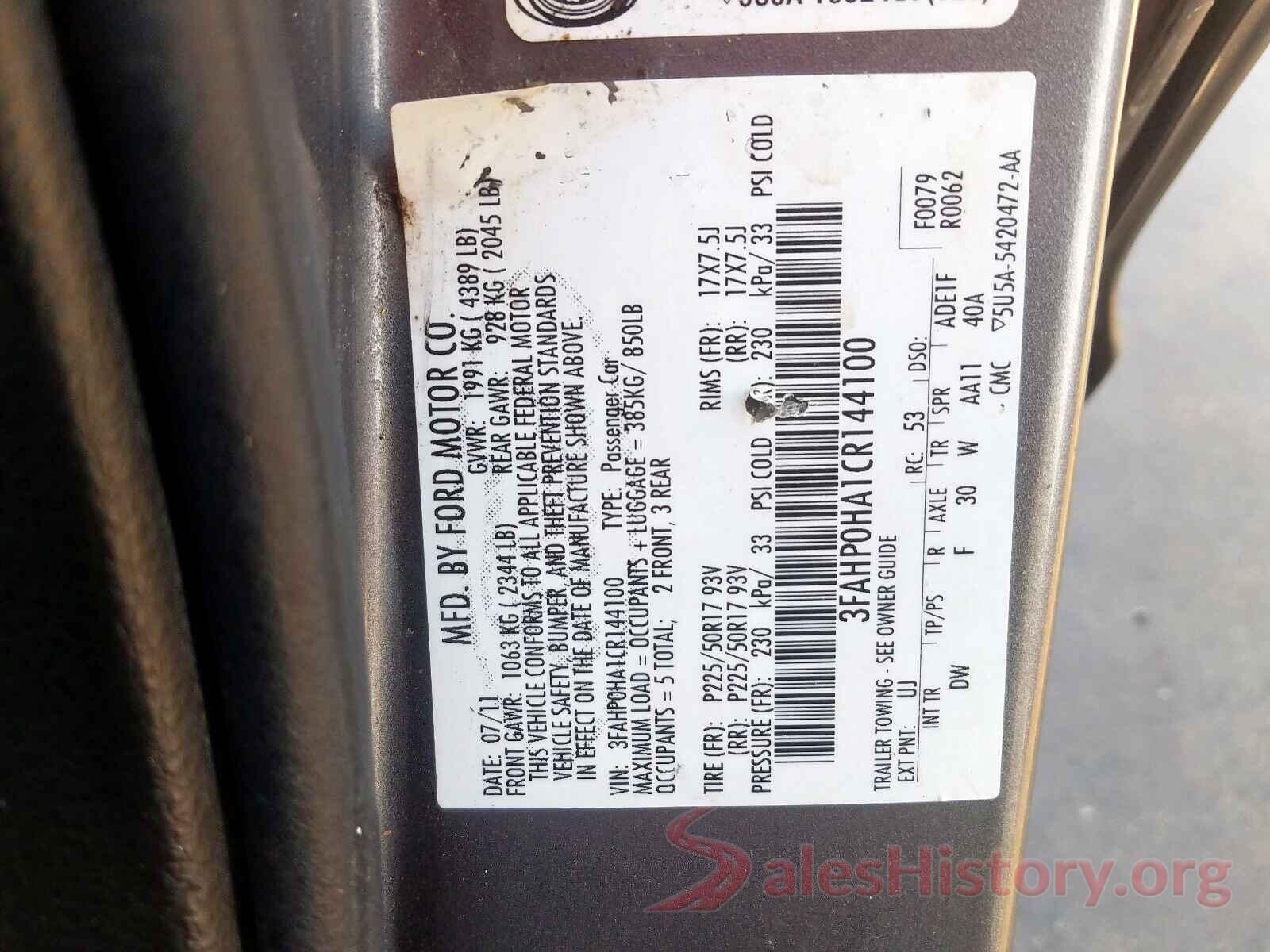 2T3RFREV3GW520472 2012 FORD FUSION