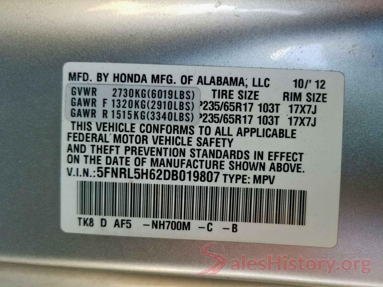 5TFAX5GN7LX184959 2013 HONDA ODYSSEY