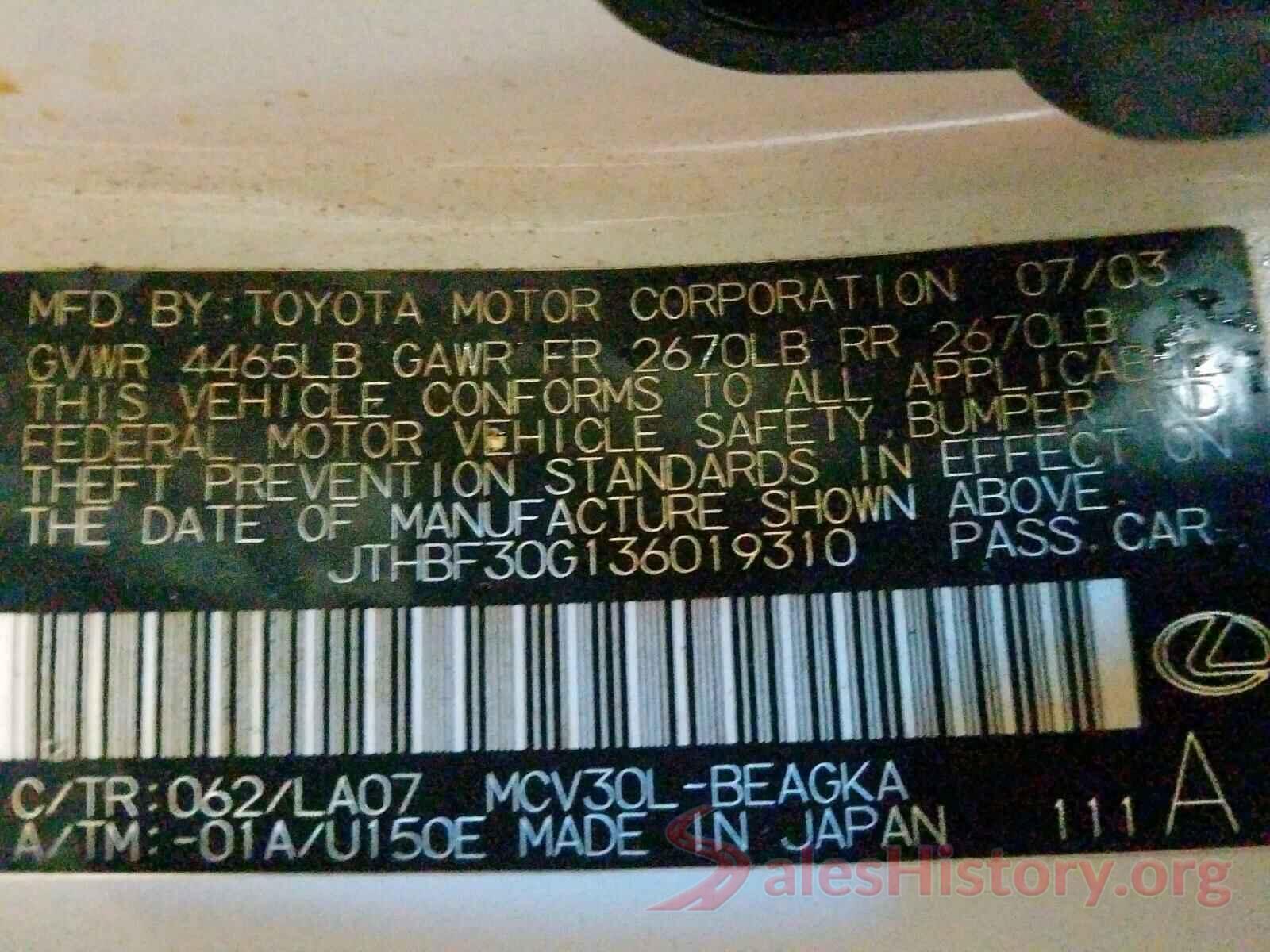 4T1B11HK2JU600493 2003 LEXUS ES300