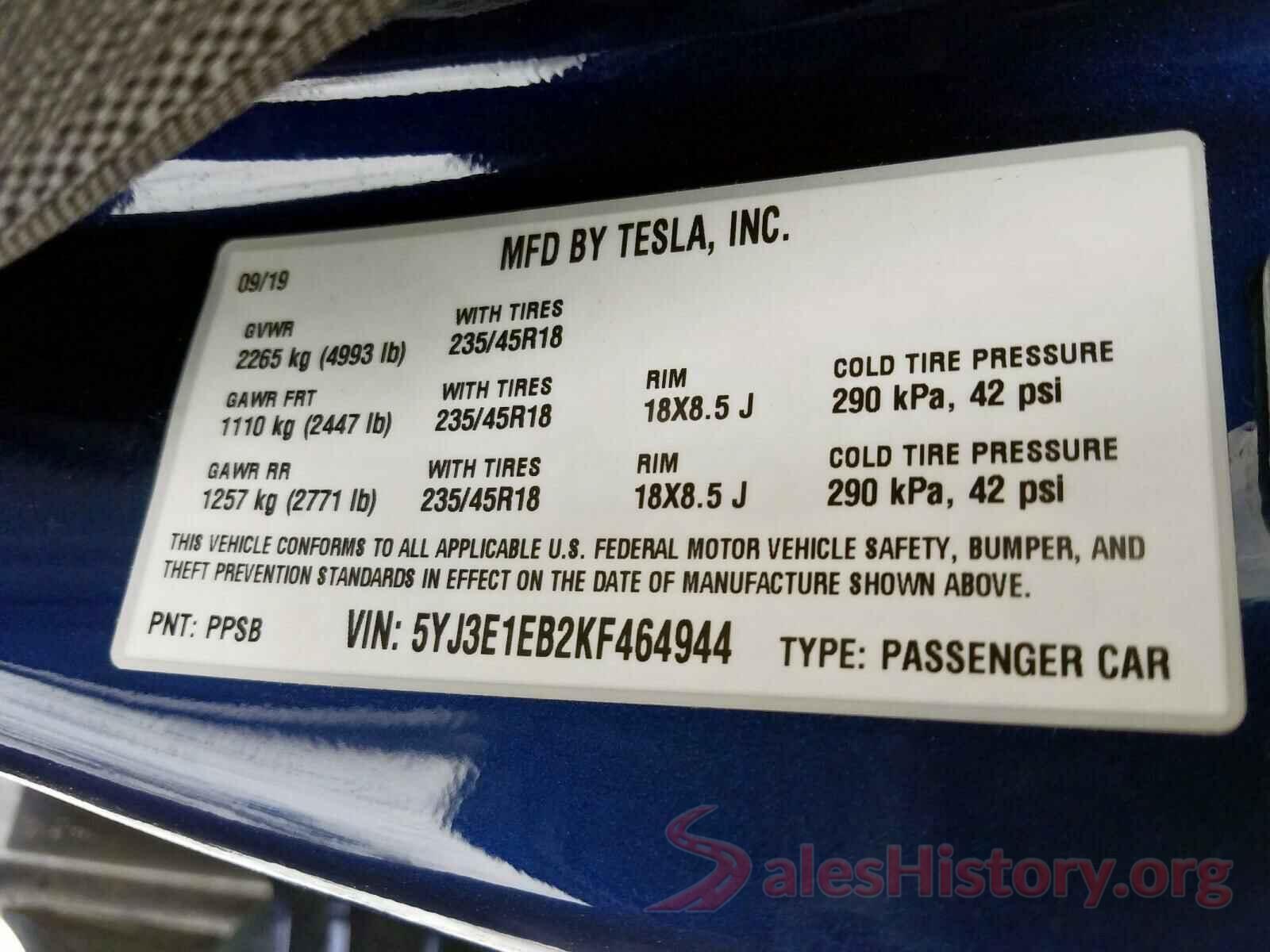 5YJ3E1EB2KF464944 2019 TESLA MODEL 3