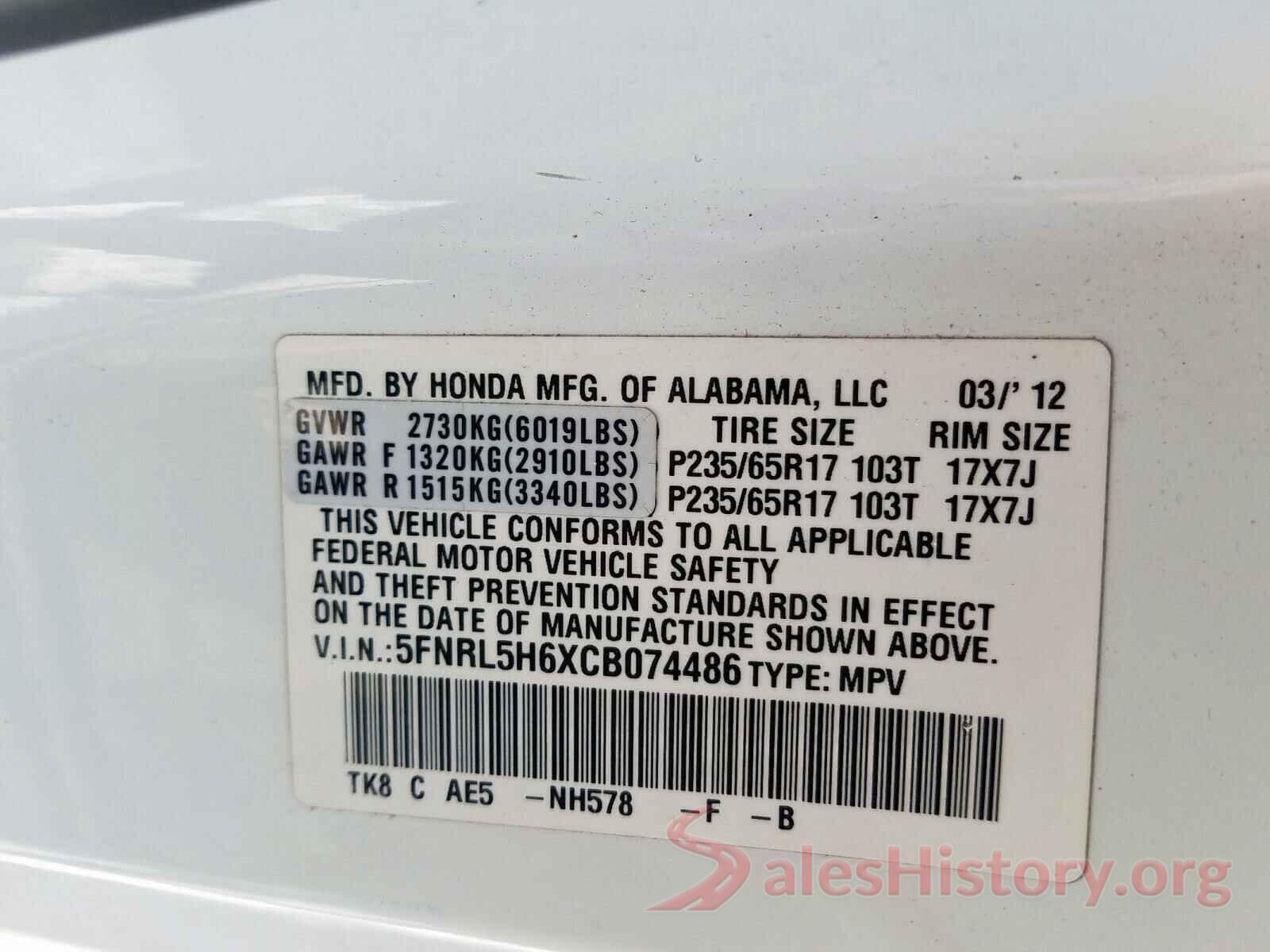 KNAFX4A68G5611274 2012 HONDA ODYSSEY