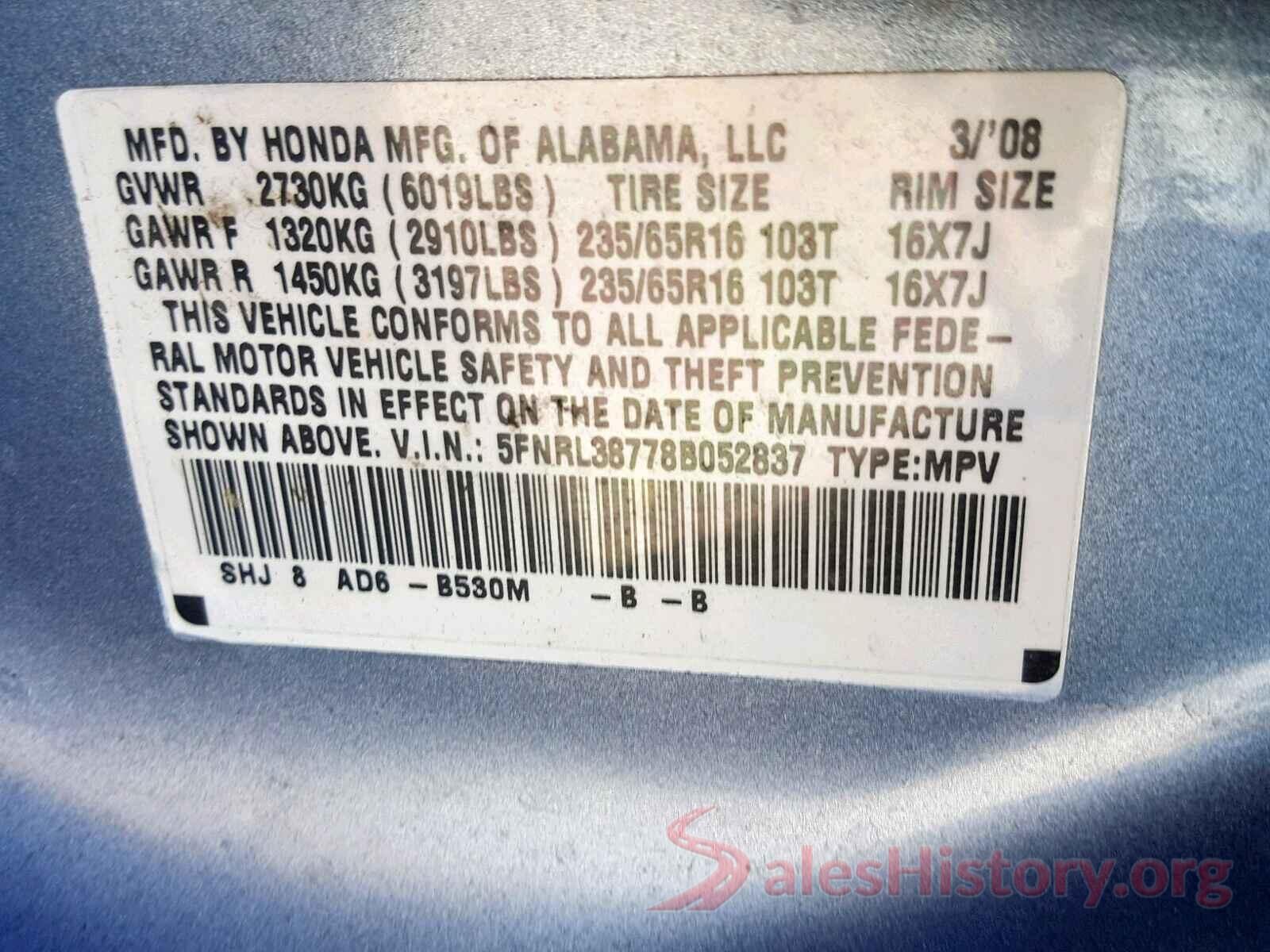 5FNRL38778B052837 2008 HONDA ODYSSEY EX