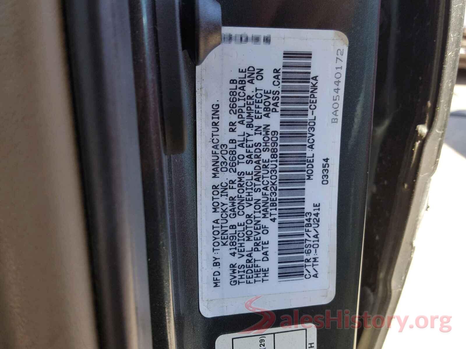 5YFBURHE3JP814863 2003 TOYOTA CAMRY