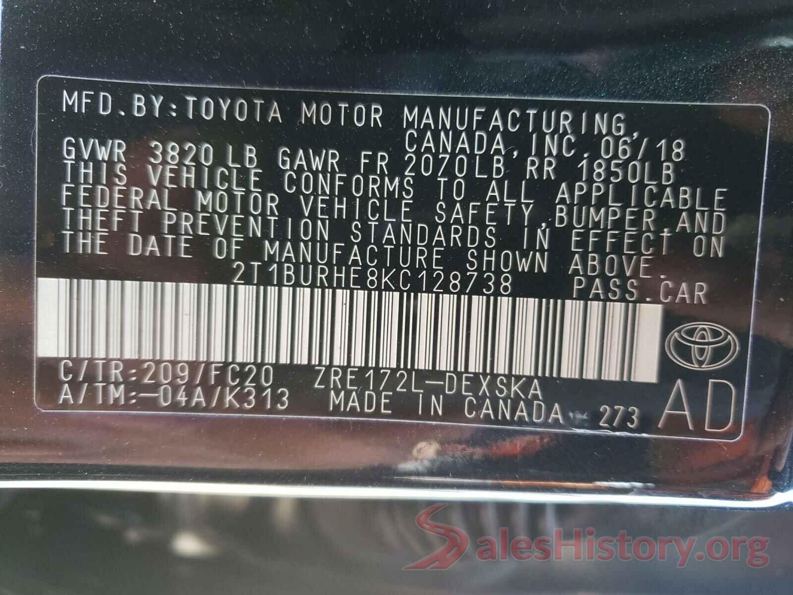 2T1BURHE8KC128738 2019 TOYOTA COROLLA