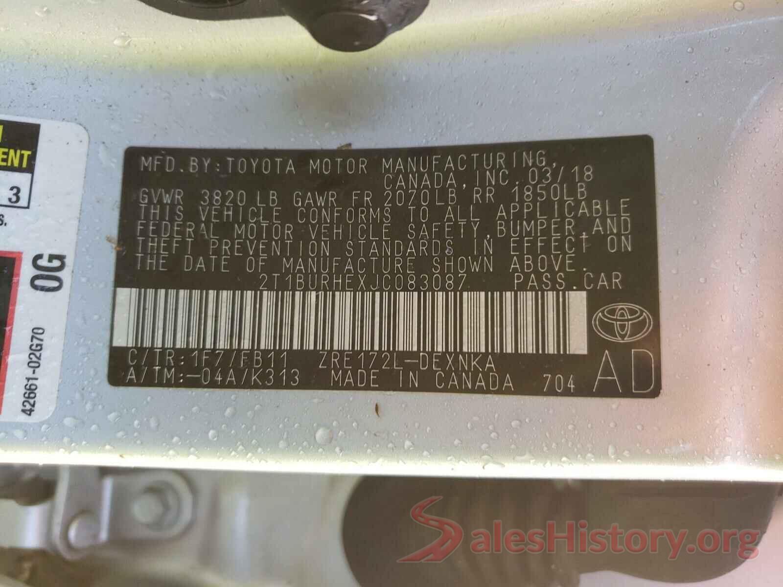 2T1BURHEXJC083087 2018 TOYOTA COROLLA