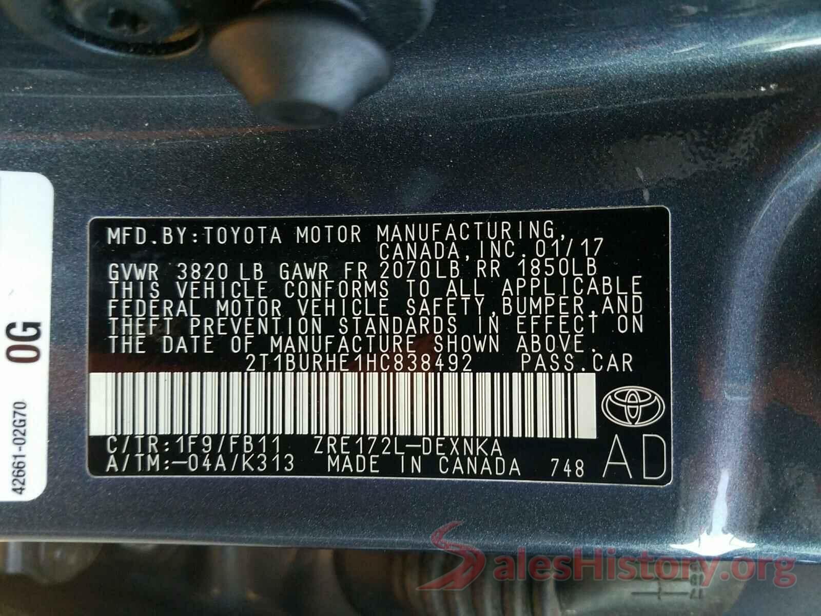 2T1BURHE1HC838492 2017 TOYOTA COROLLA