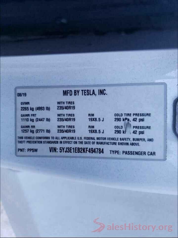 5YJ3E1EB2KF494784 2019 TESLA MODEL 3