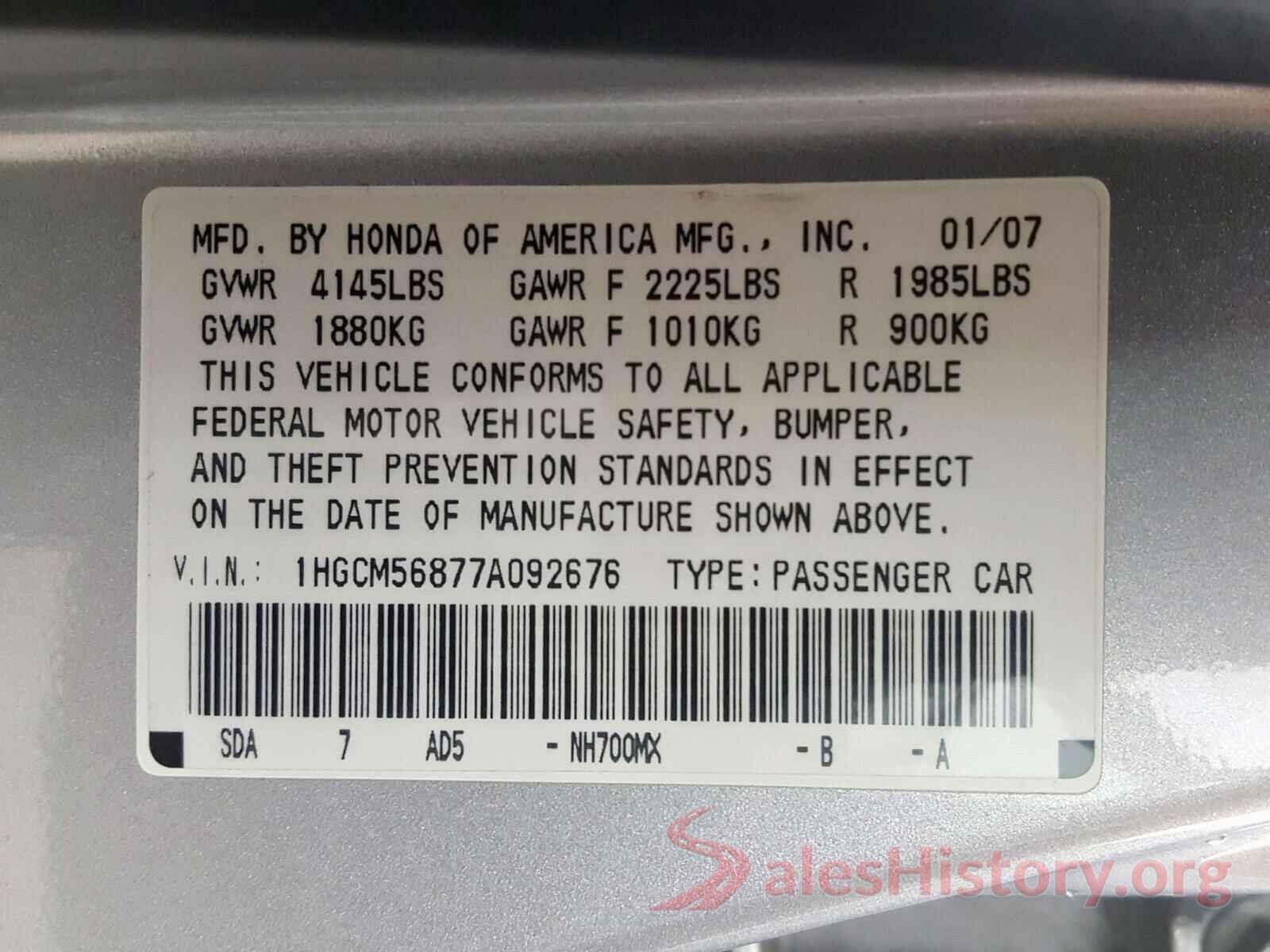 KNAFK4A65G5599163 2007 HONDA ACCORD