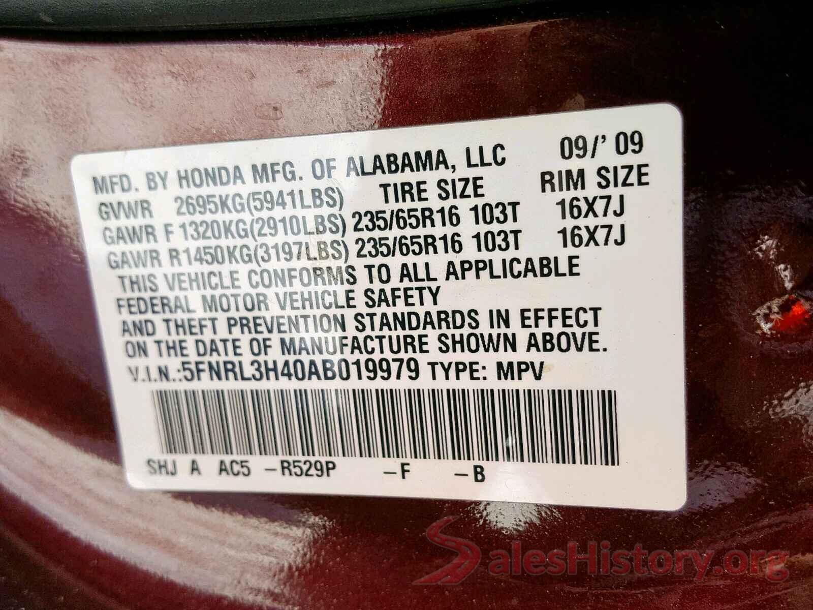 KNAFX4A67G5522845 2010 HONDA ODYSSEY EX