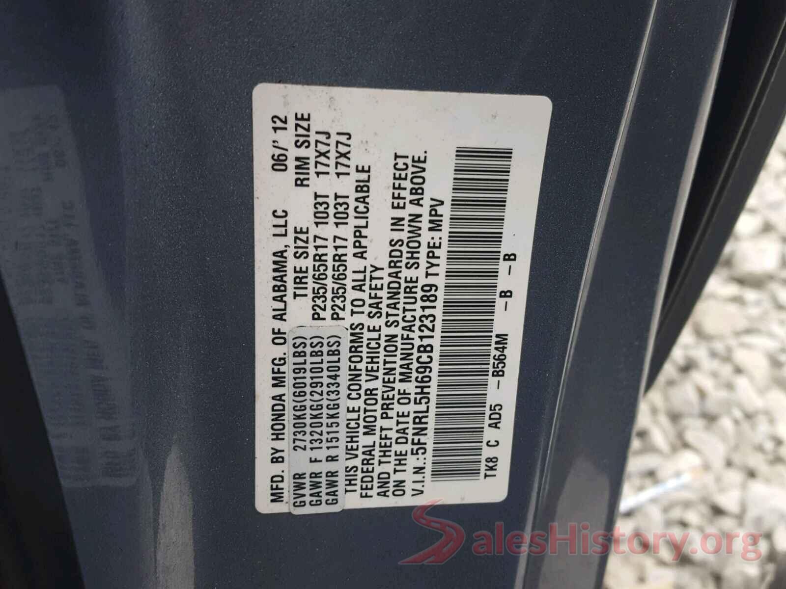 5FNRL5H69CB123189 2012 HONDA ODYSSEY EX