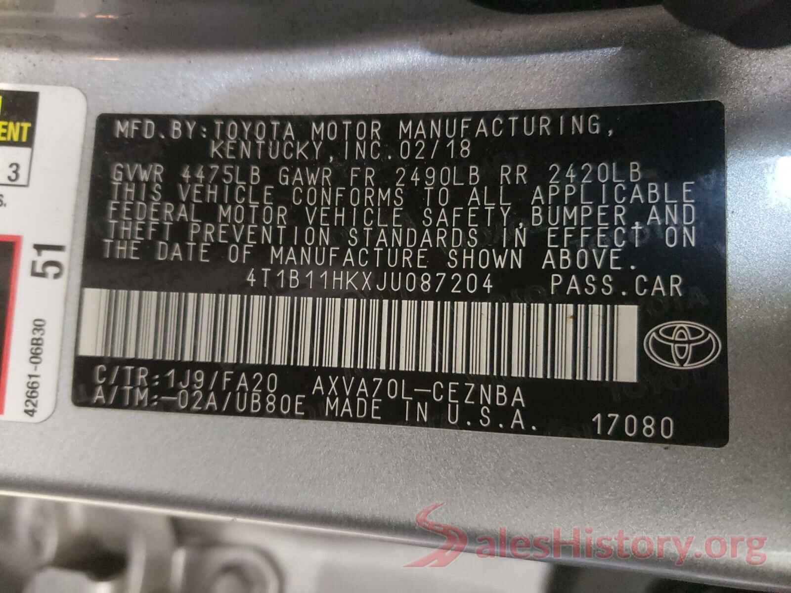 4T1B11HKXJU087204 2018 TOYOTA CAMRY