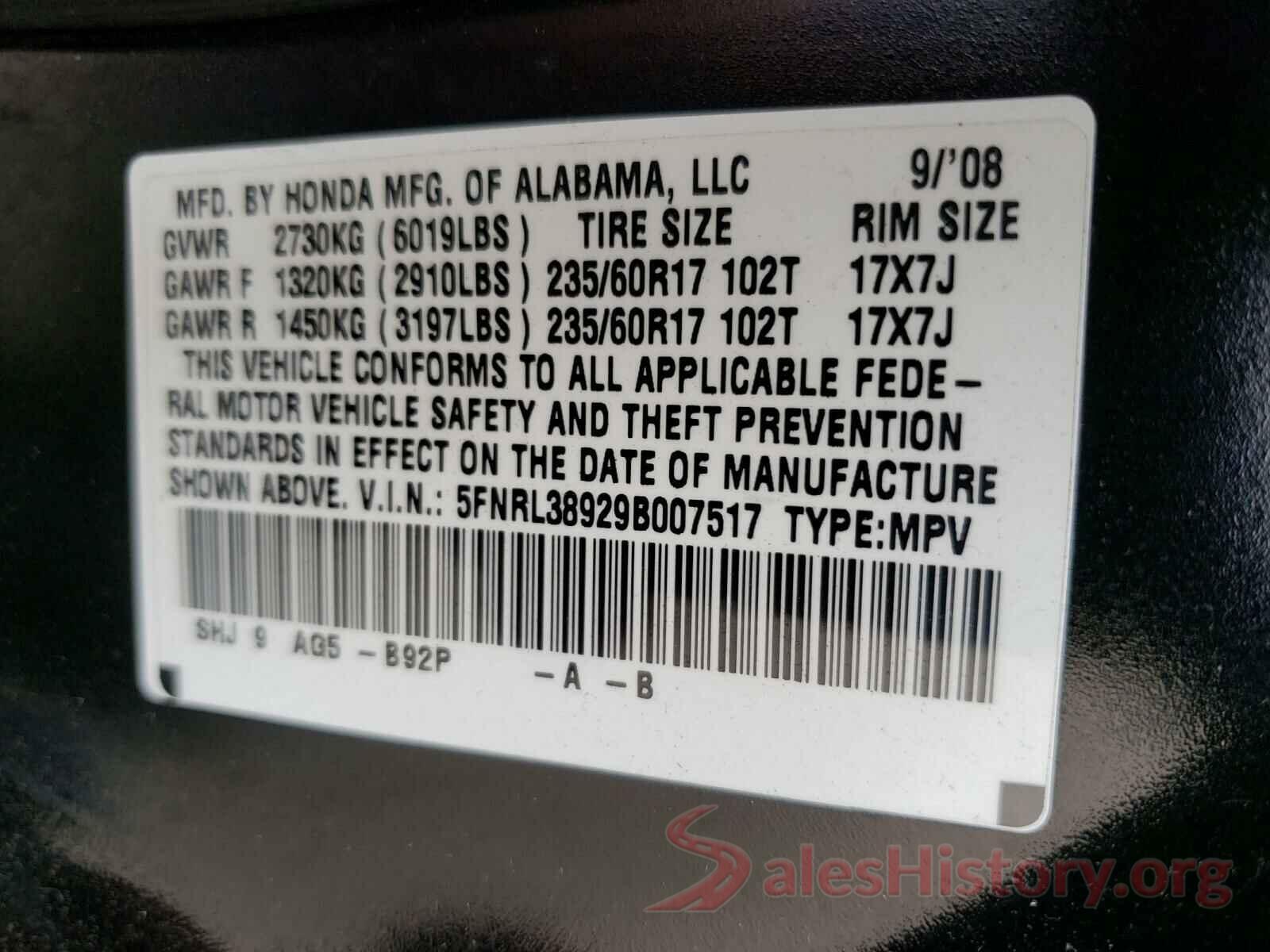 5XYPG4A3XKG548305 2009 HONDA ODYSSEY