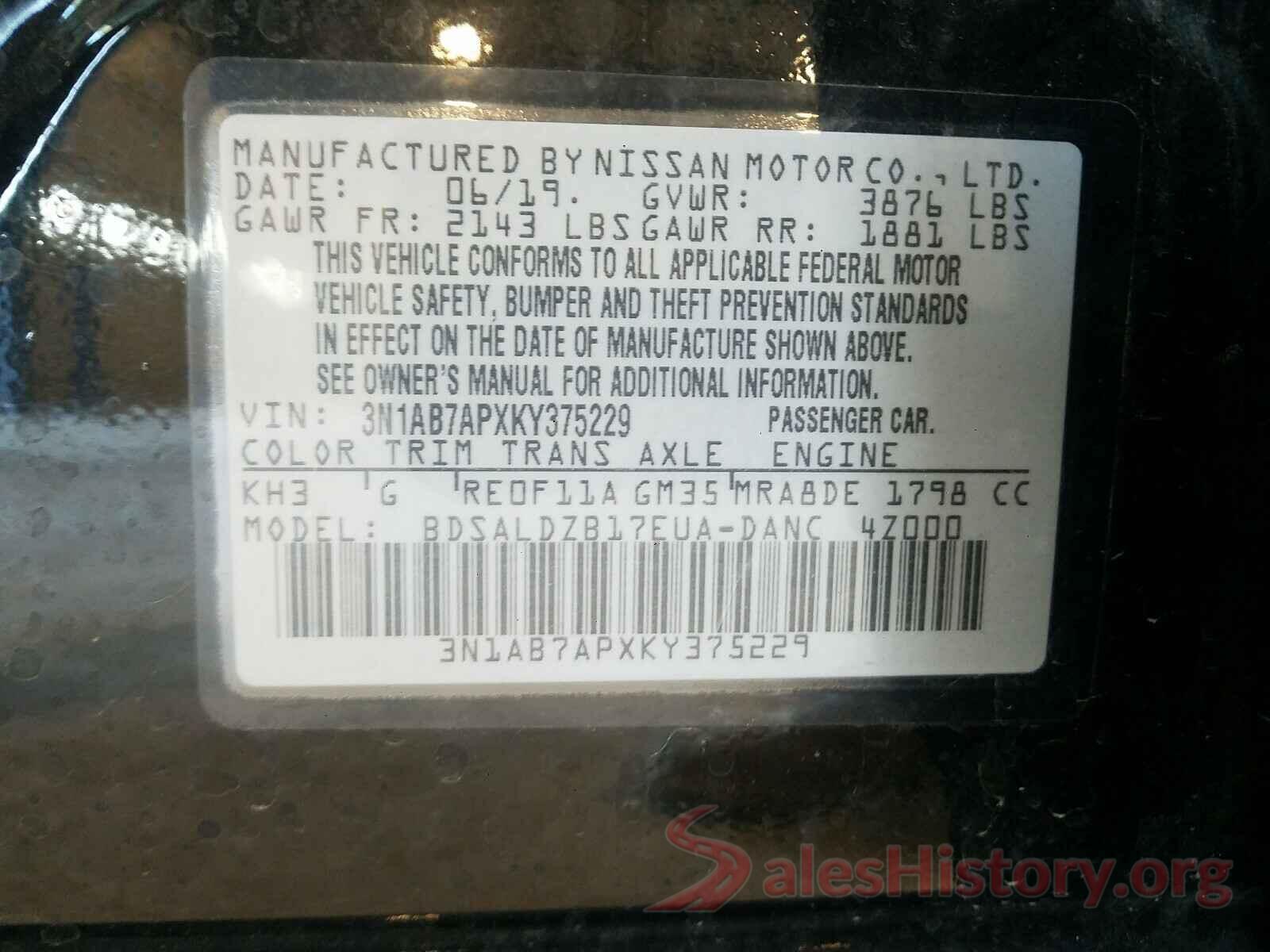 3N1AB7APXKY375229 2019 NISSAN SENTRA