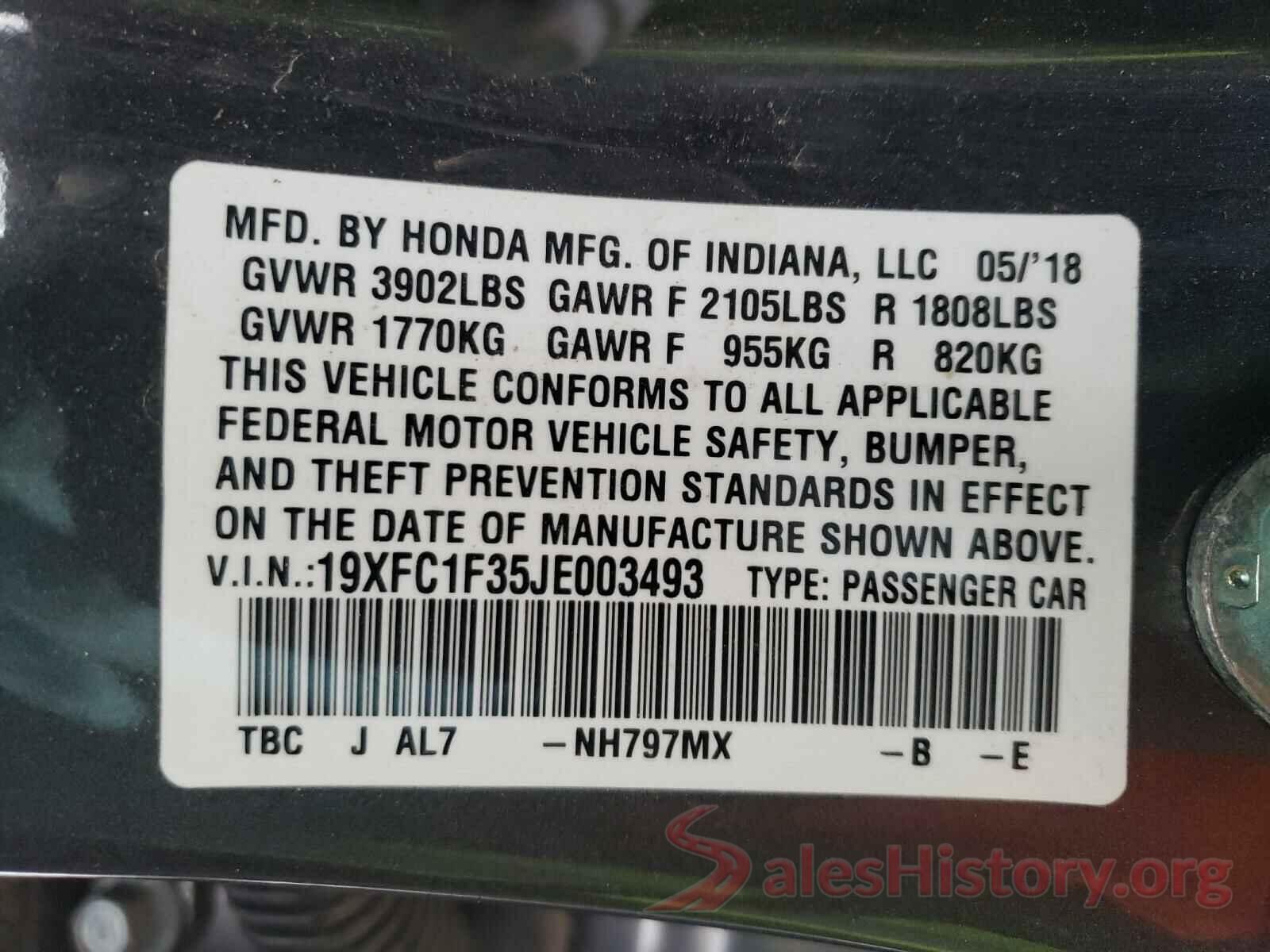 19XFC1F35JE003493 2018 HONDA CIVIC