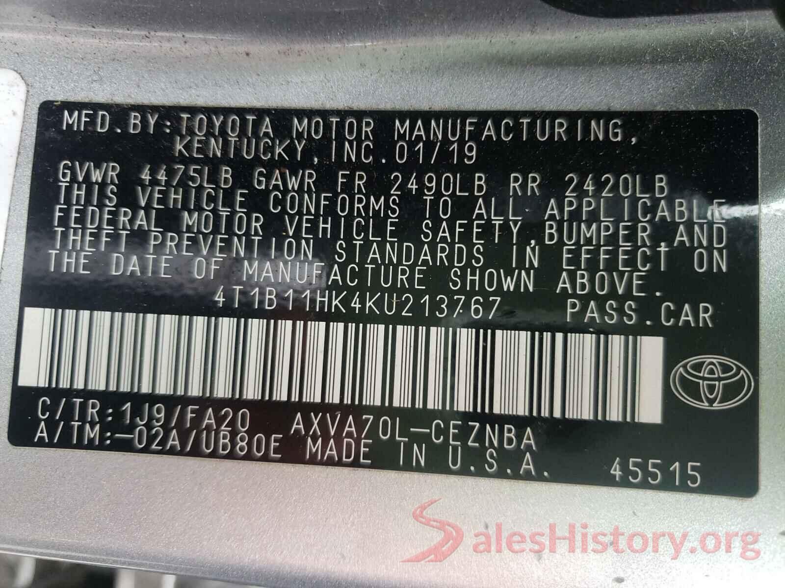 4T1B11HK4KU213767 2019 TOYOTA CAMRY