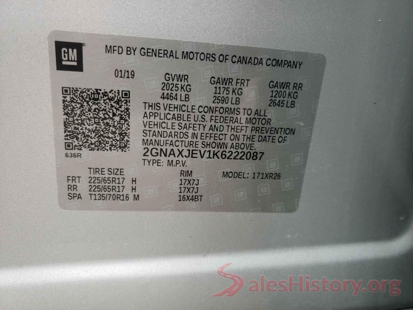 2GNAXJEV1K6222087 2019 CHEVROLET EQUINOX