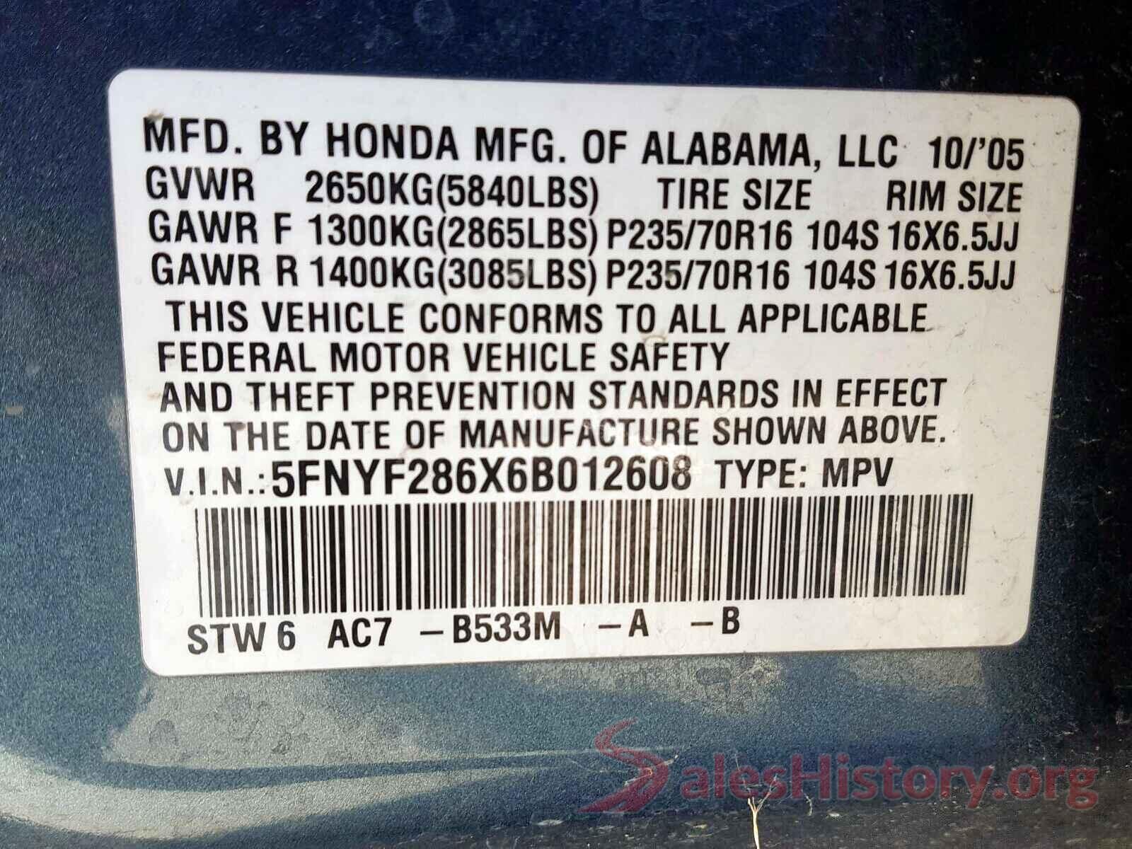 5NPD84LF5LH605687 2006 HONDA PILOT