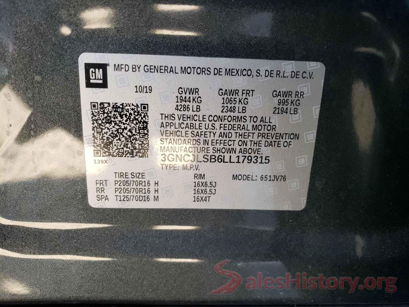 3GNCJLSB6LL179315 2020 CHEVROLET TRAX