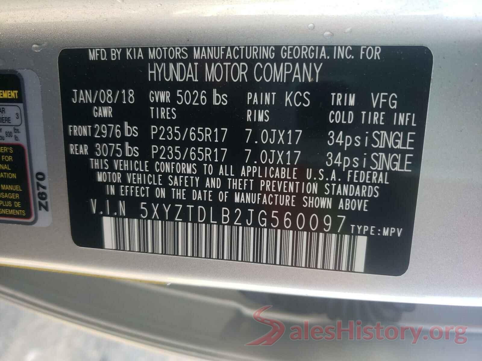 5XYZTDLB2JG560097 2018 HYUNDAI SANTA FE