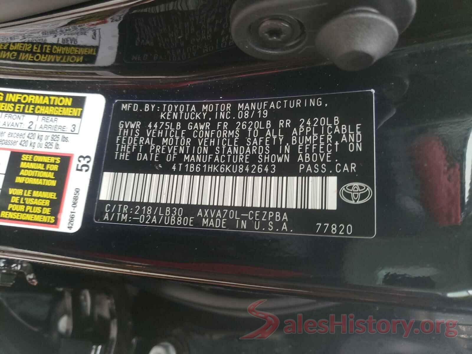 4T1B61HK6KU842643 2019 TOYOTA CAMRY