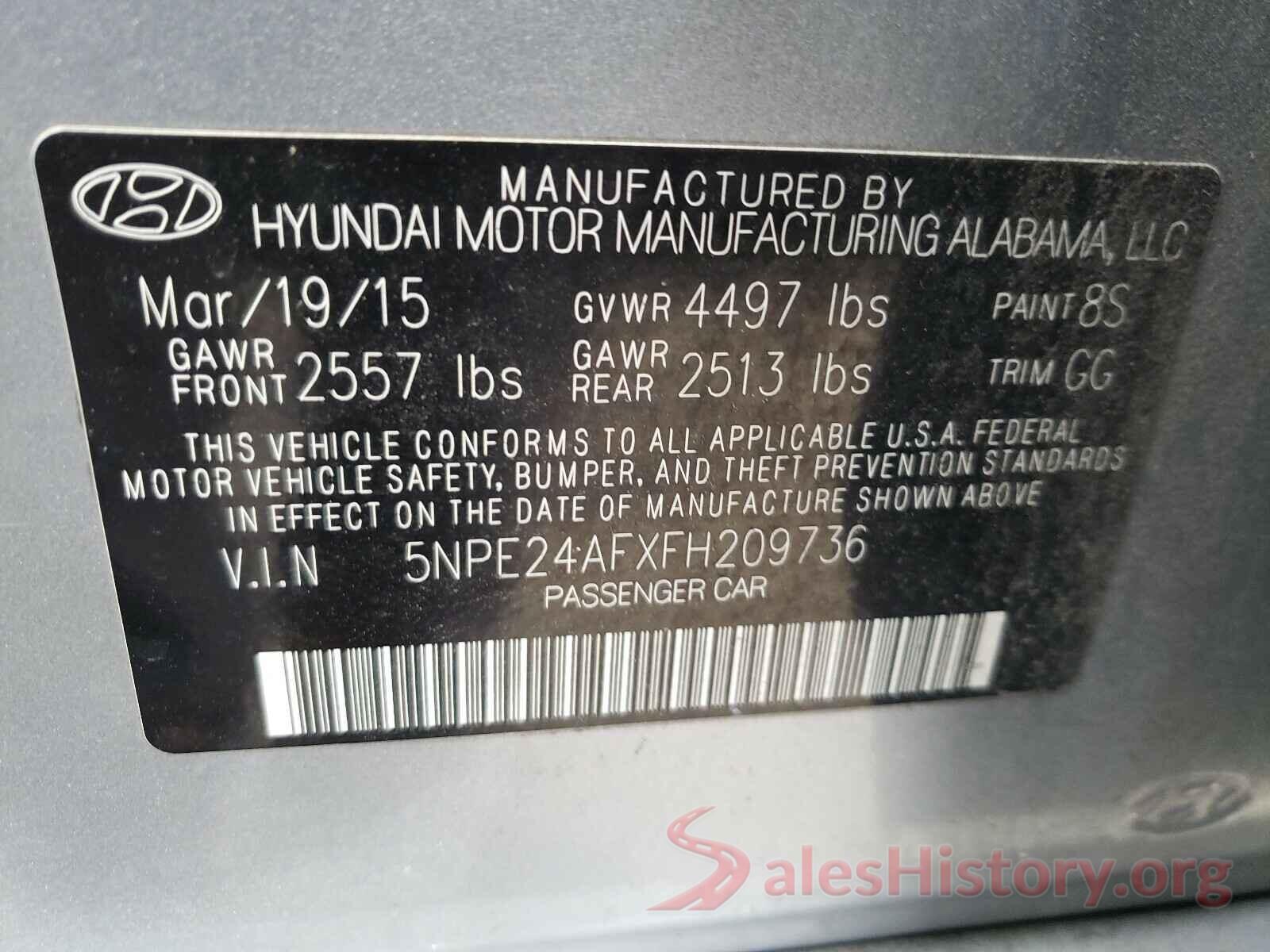 5NPE24AFXFH209736 2015 HYUNDAI SONATA