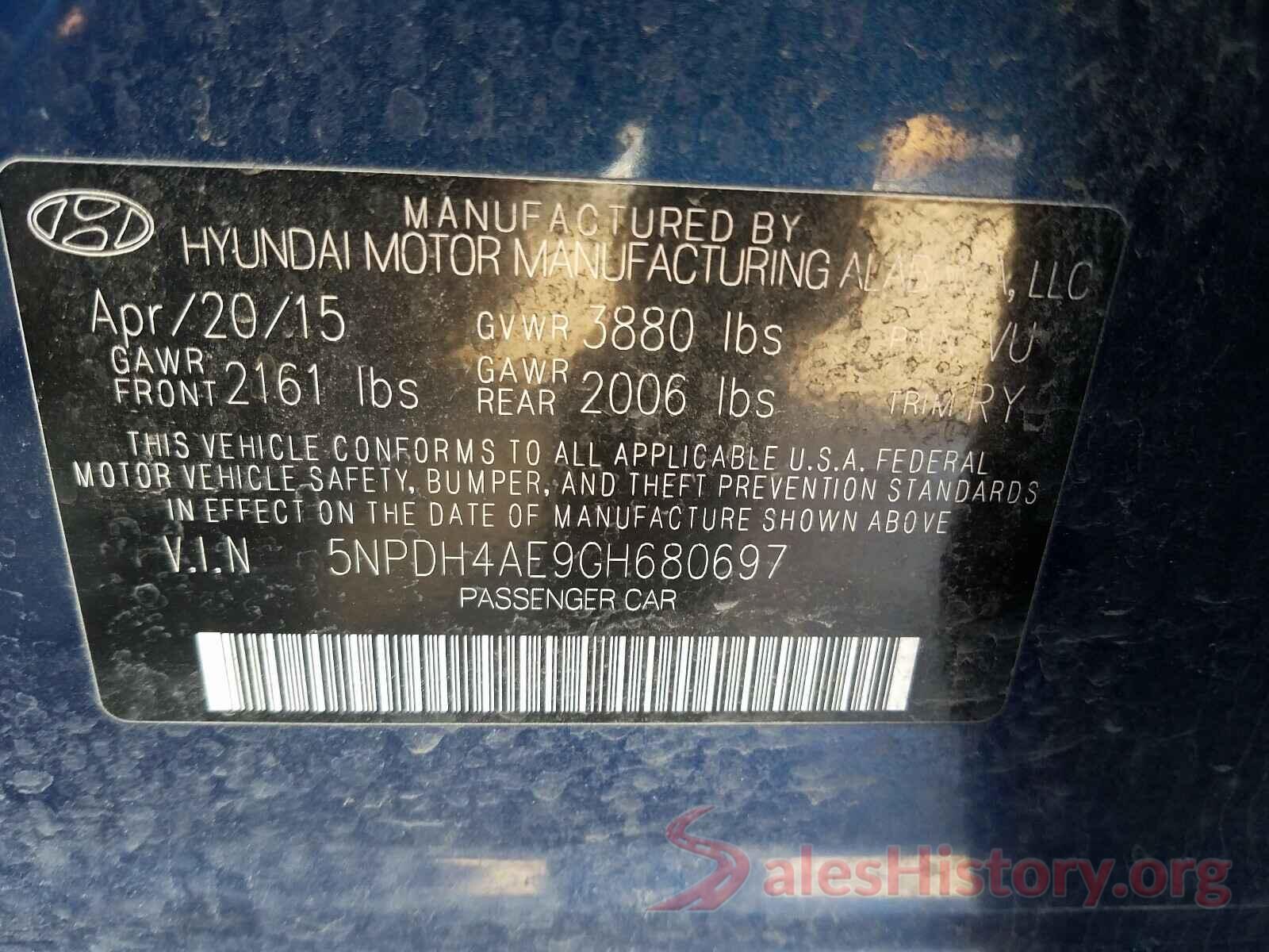 5NPDH4AE9GH680697 2016 HYUNDAI ELANTRA