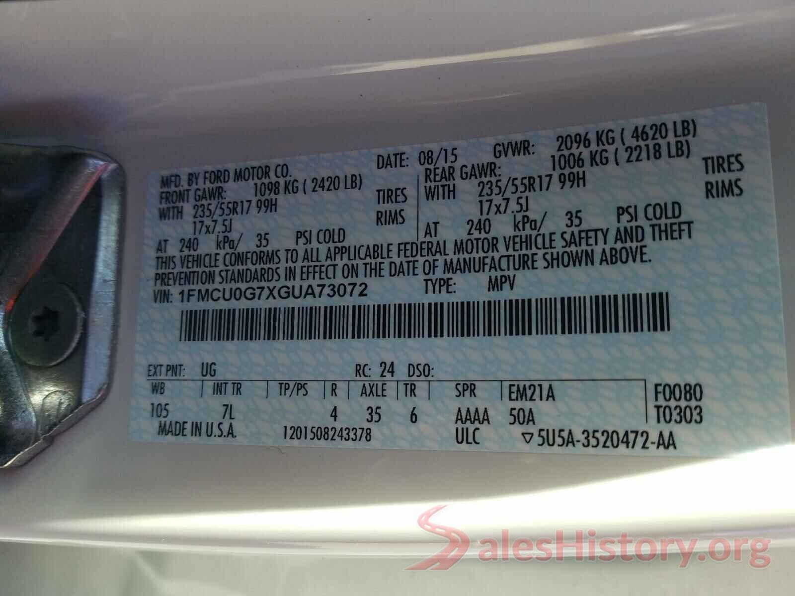 1FMCU0G7XGUA73072 2016 FORD ESCAPE