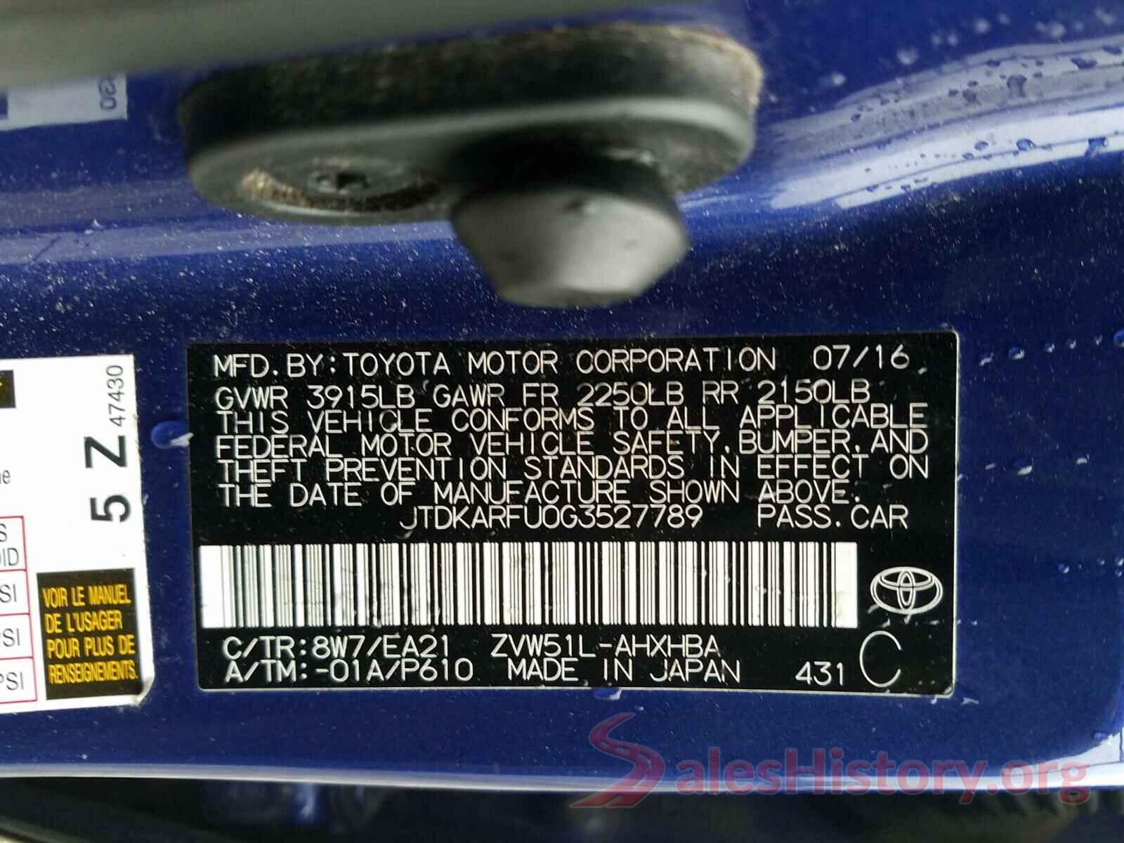 JTDKARFU0G3527789 2016 TOYOTA PRIUS