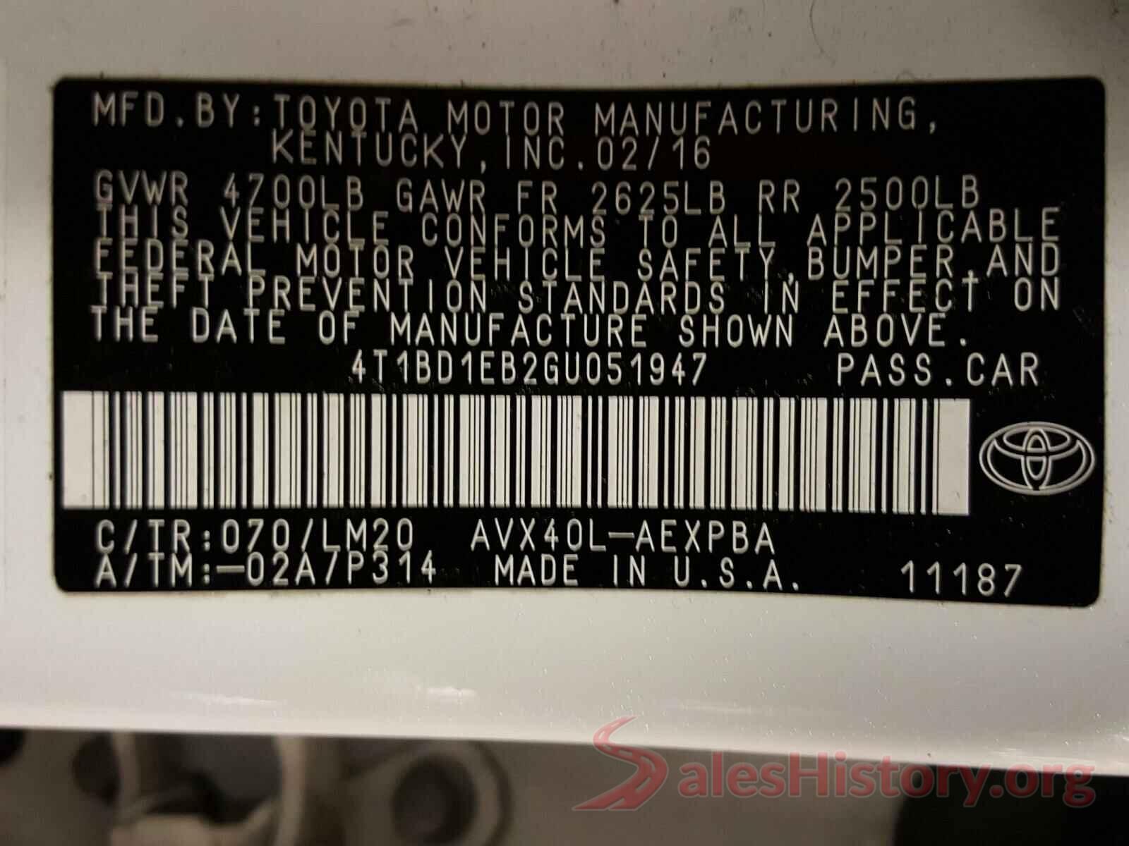 4T1BD1EB2GU051947 2016 TOYOTA AVALON