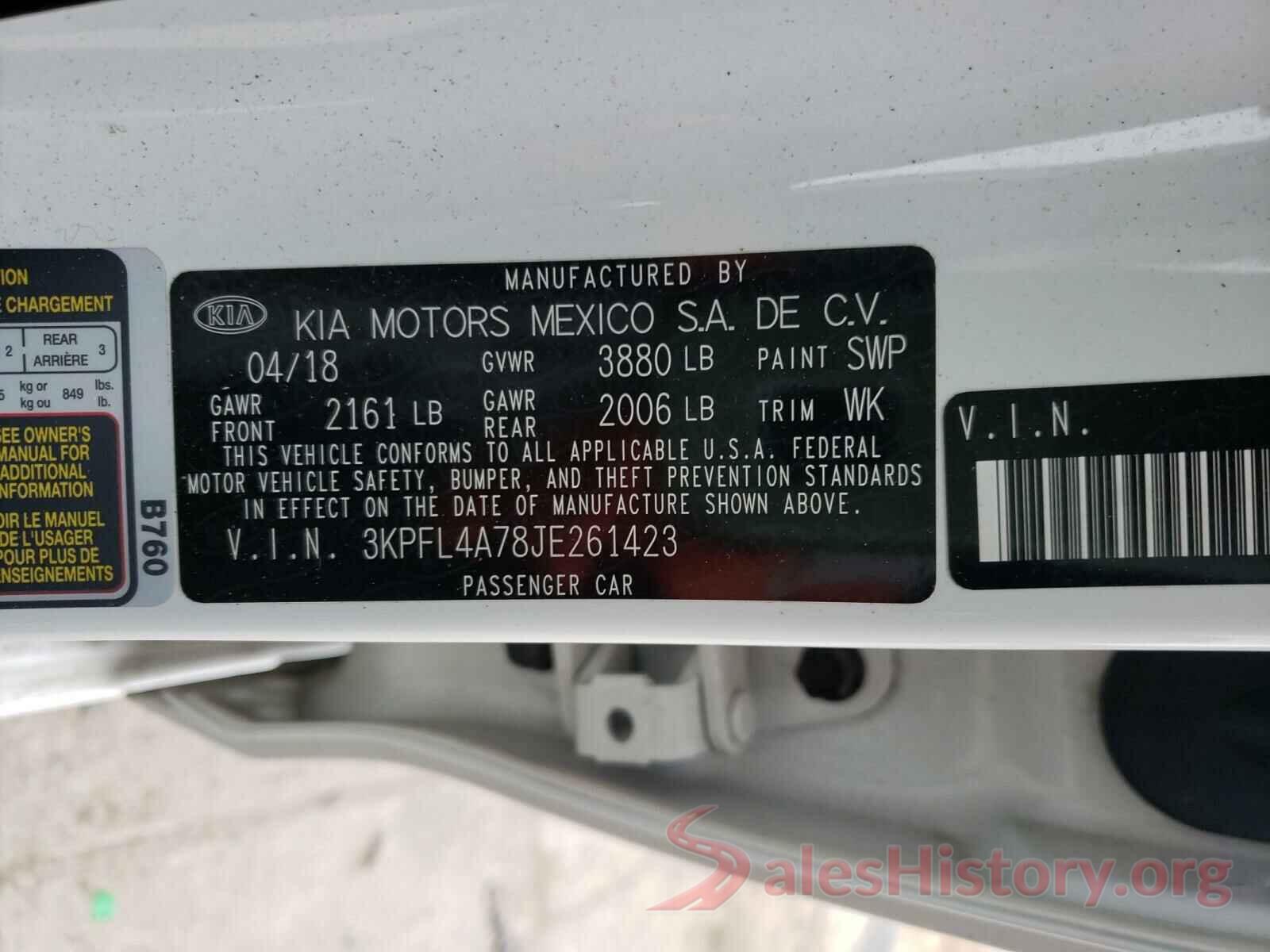 3KPFL4A78JE261423 2018 KIA FORTE