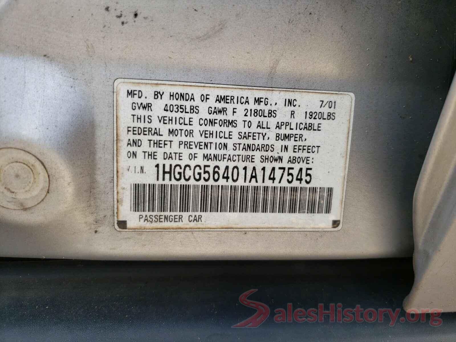 KNDJP3A56J7571934 2001 HONDA ACCORD