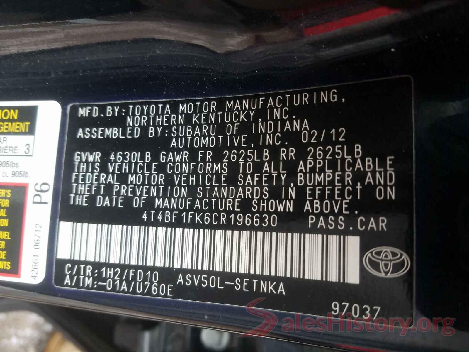 2T3BFREV2HW543647 2012 TOYOTA CAMRY