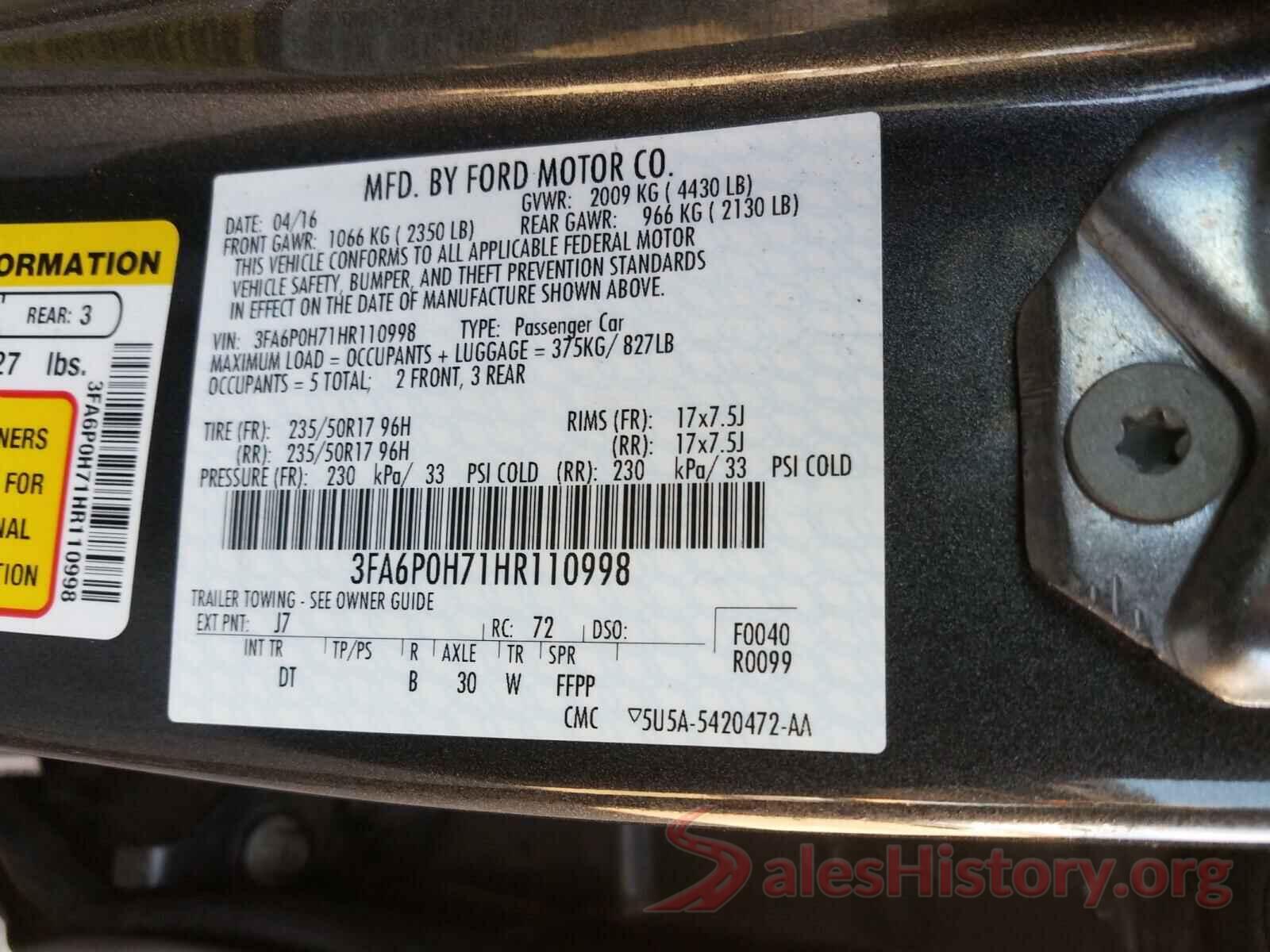 3FA6P0H71HR110998 2017 FORD FUSION