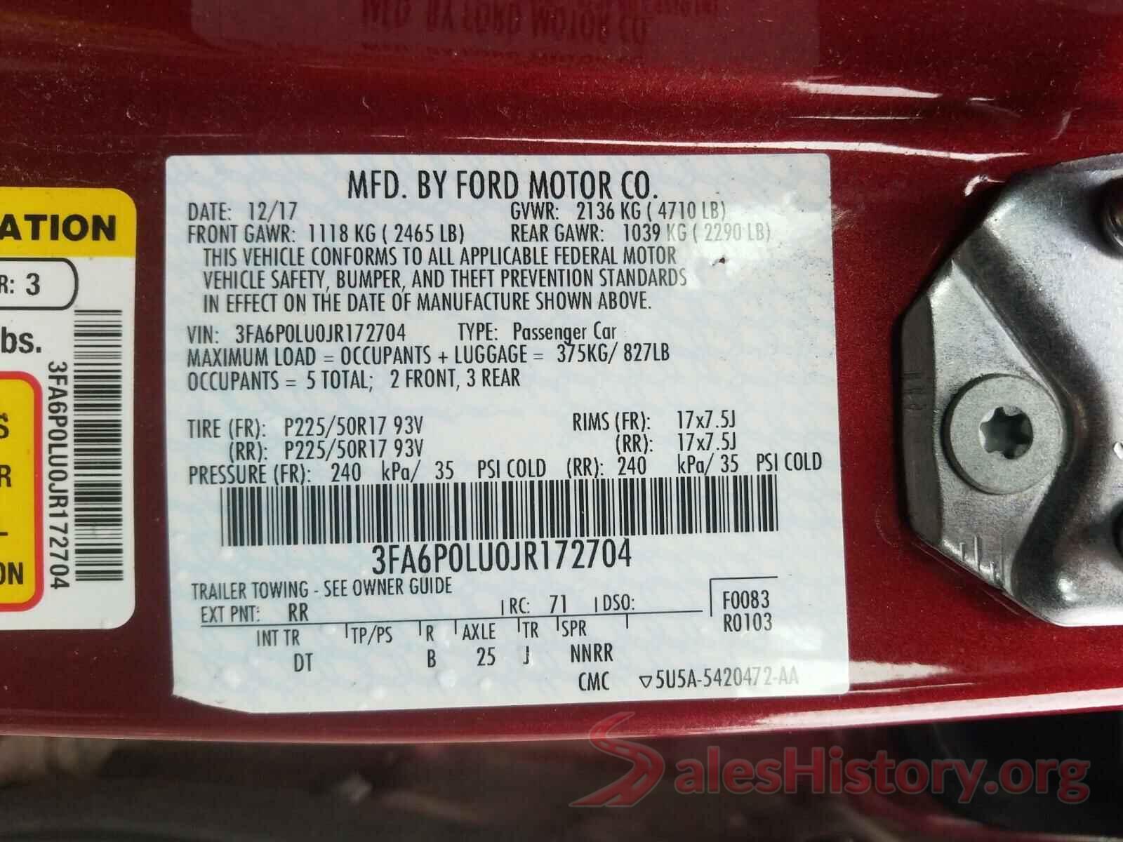 3FA6P0LU0JR172704 2018 FORD FUSION