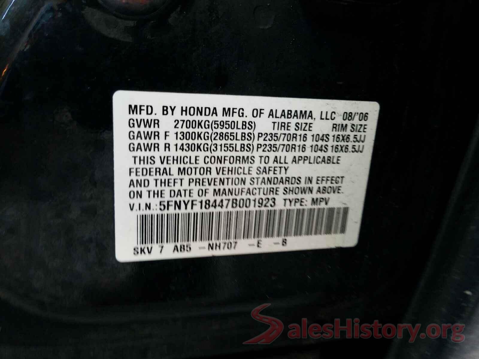 3VWD67AJ7GM318511 2007 HONDA PILOT