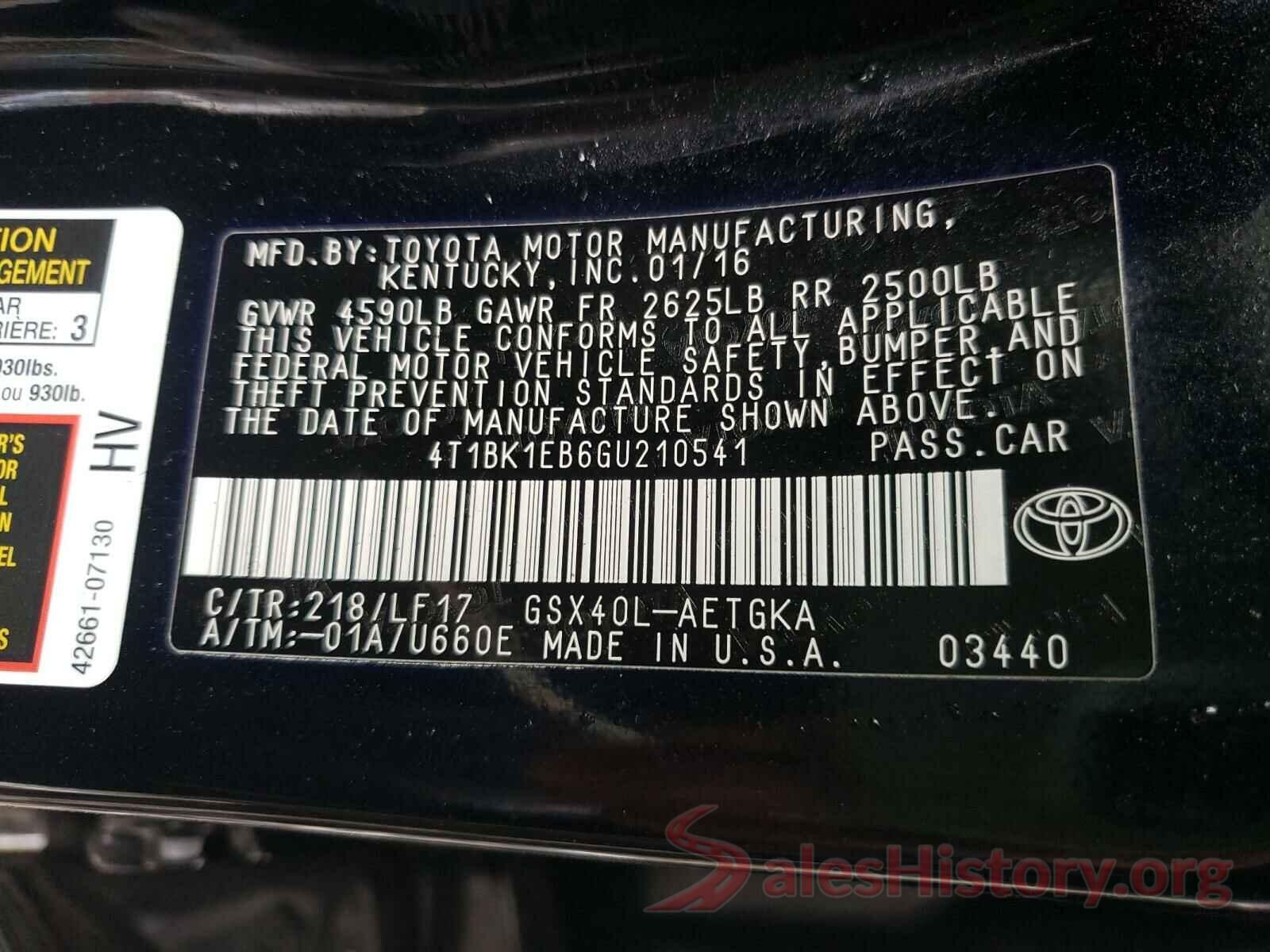 4T1BK1EB6GU210541 2016 TOYOTA AVALON