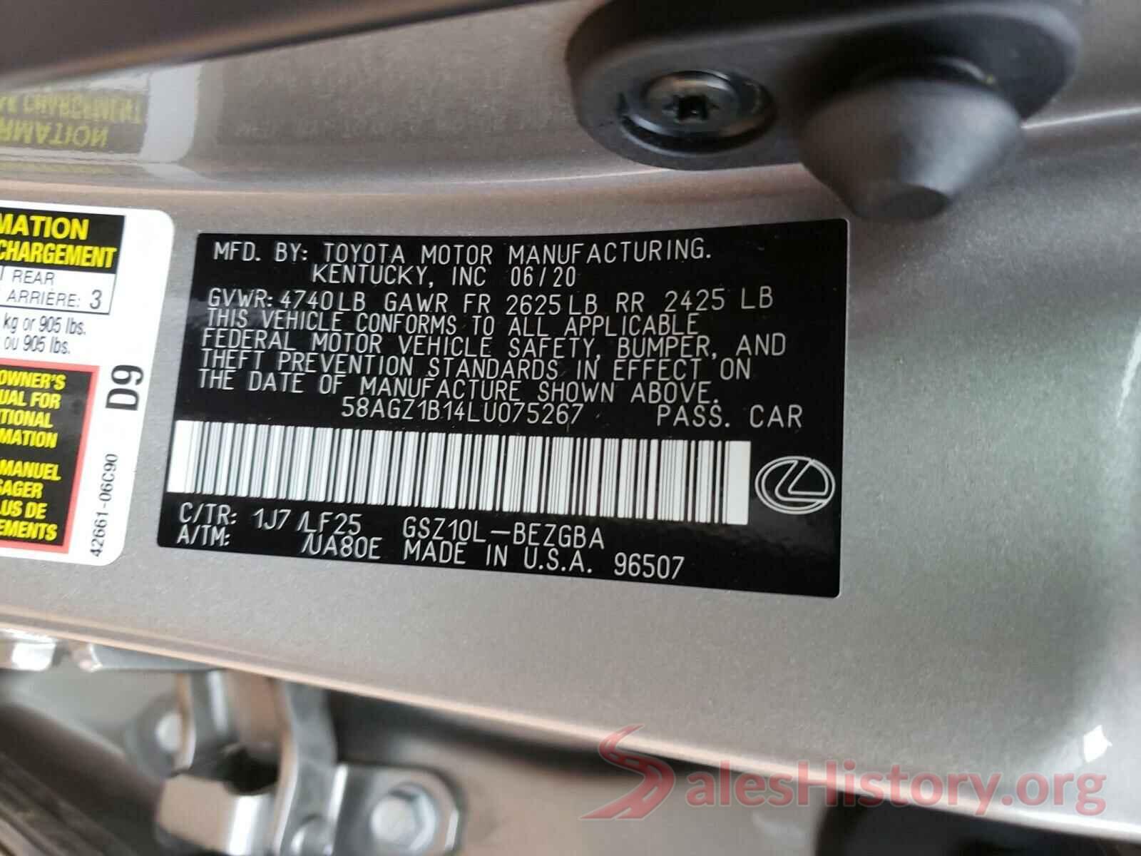 58AGZ1B14LU075267 2020 LEXUS ES350