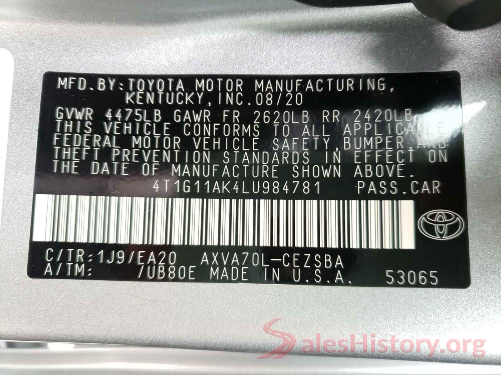 4T1G11AK4LU984781 2020 TOYOTA CAMRY