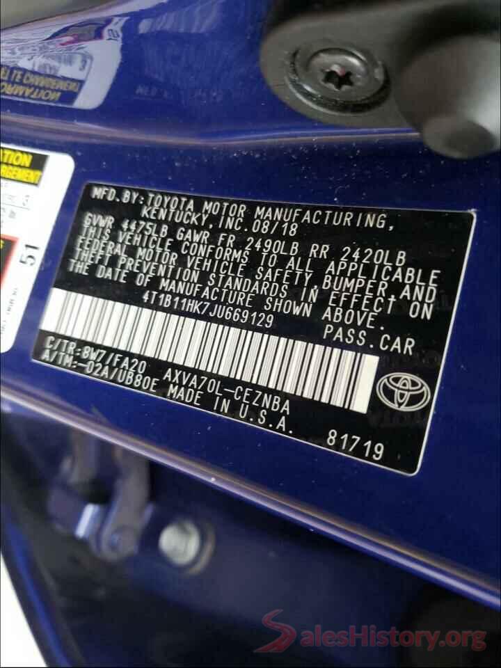 4T1B11HK7JU669129 2018 TOYOTA CAMRY