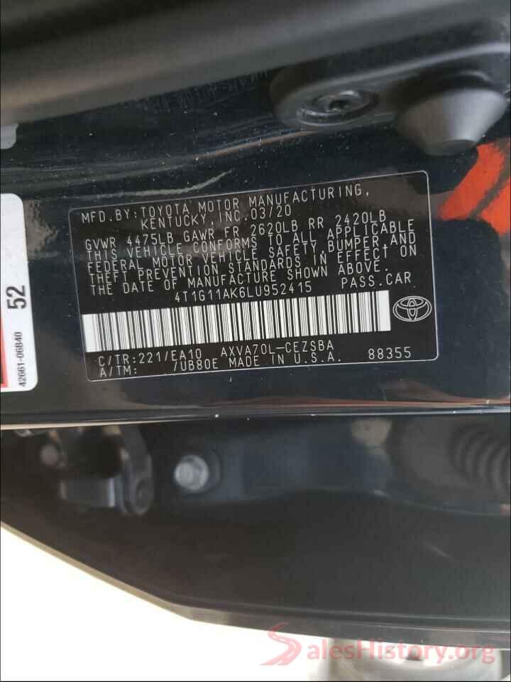 4T1G11AK6LU952415 2020 TOYOTA CAMRY