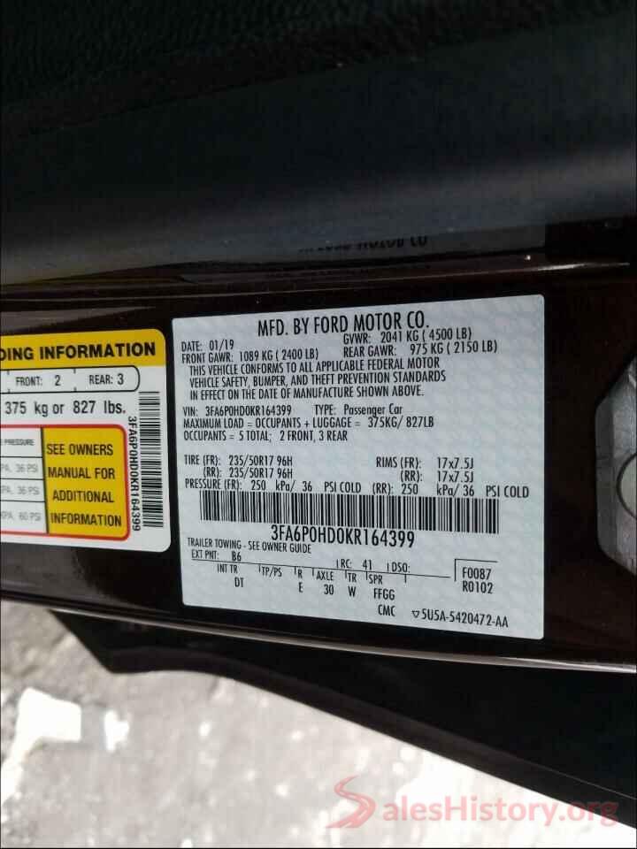 3FA6P0HD0KR164399 2019 FORD FUSION