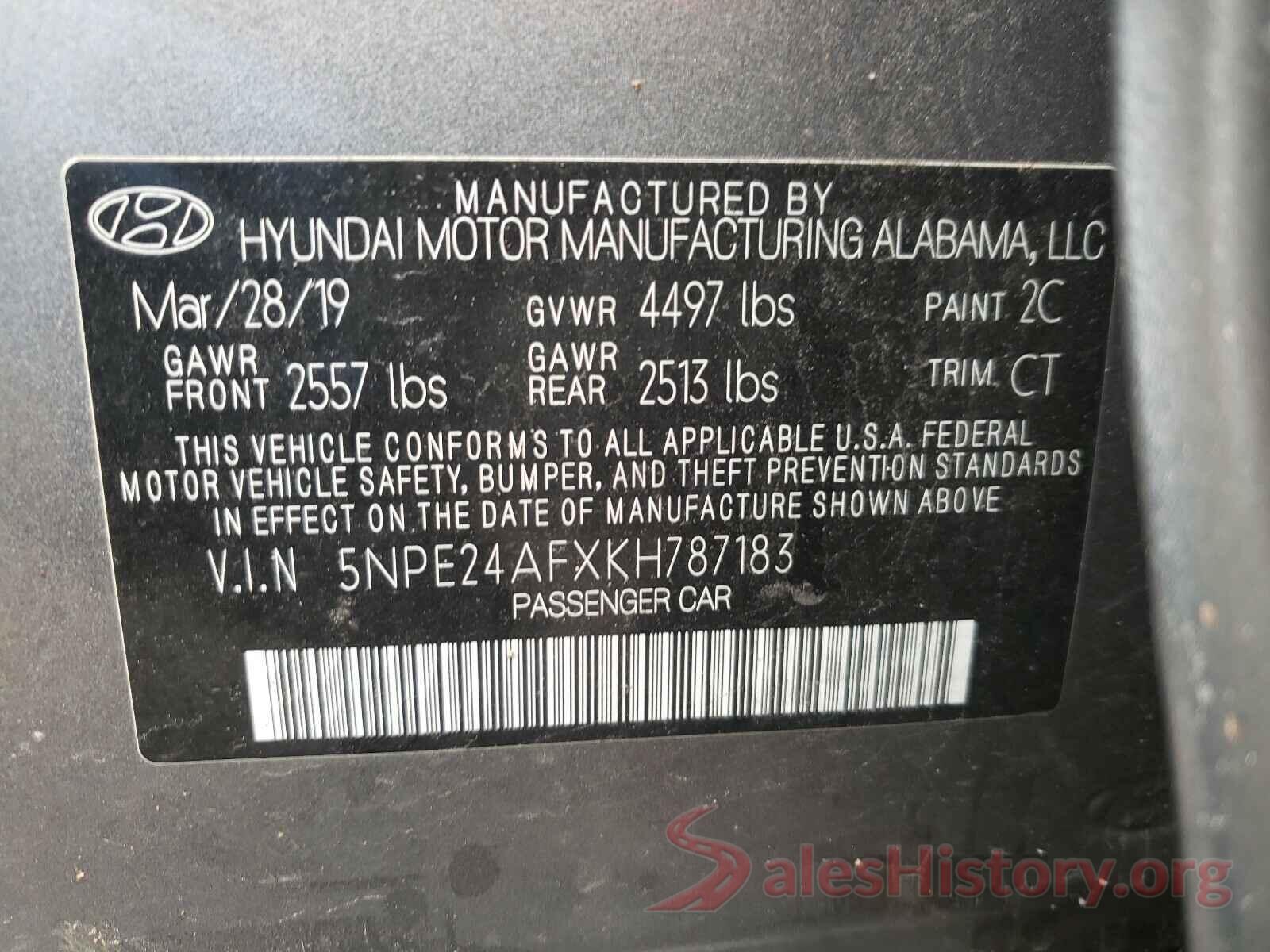 5NPE24AFXKH787183 2019 HYUNDAI SONATA