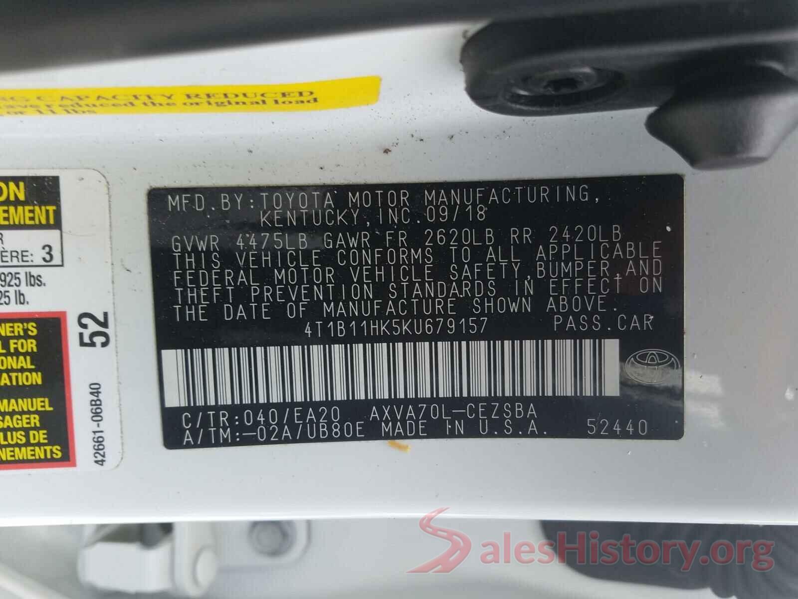 4T1B11HK5KU679157 2019 TOYOTA CAMRY