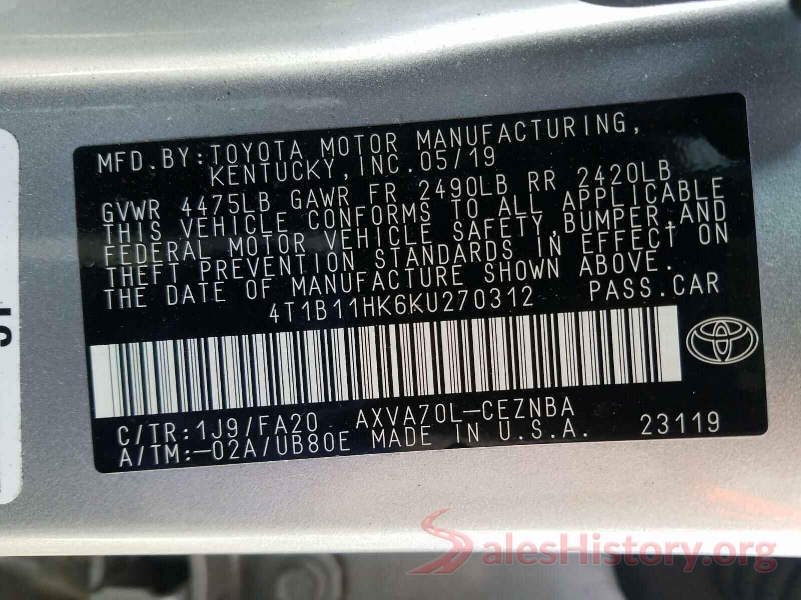 4T1B11HK6KU270312 2019 TOYOTA CAMRY