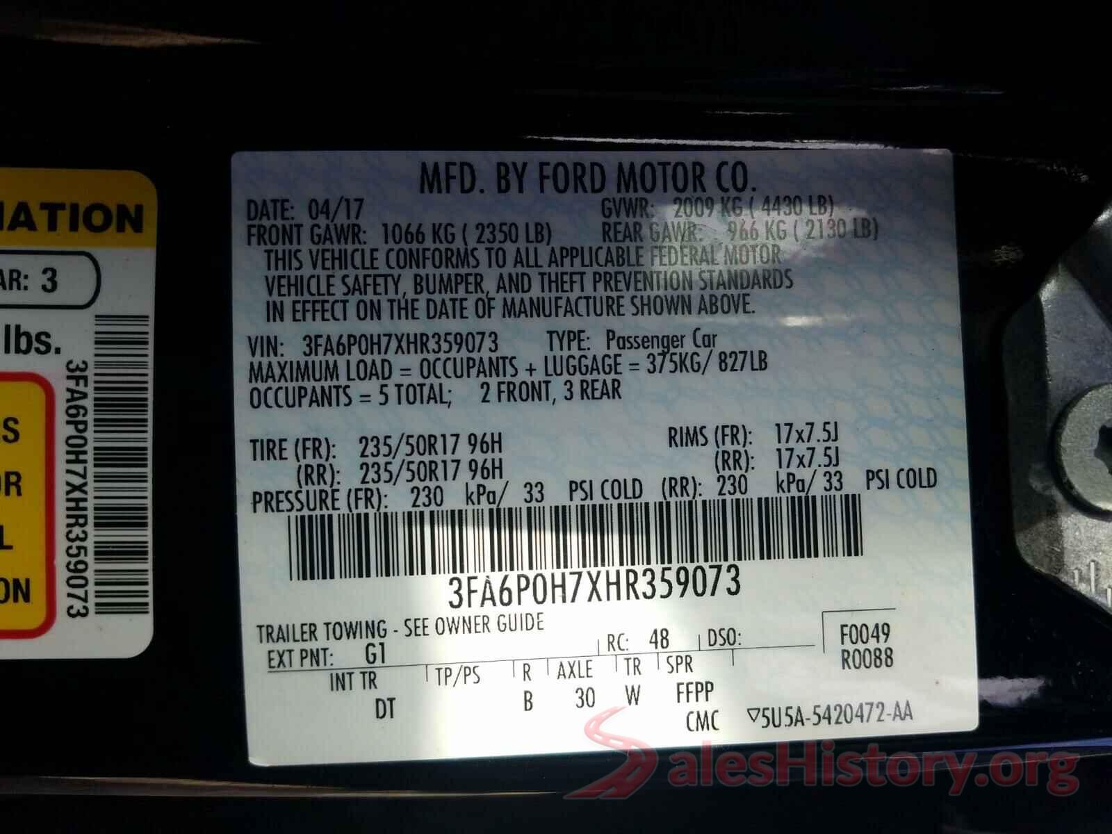 3FA6P0H7XHR359073 2017 FORD FUSION