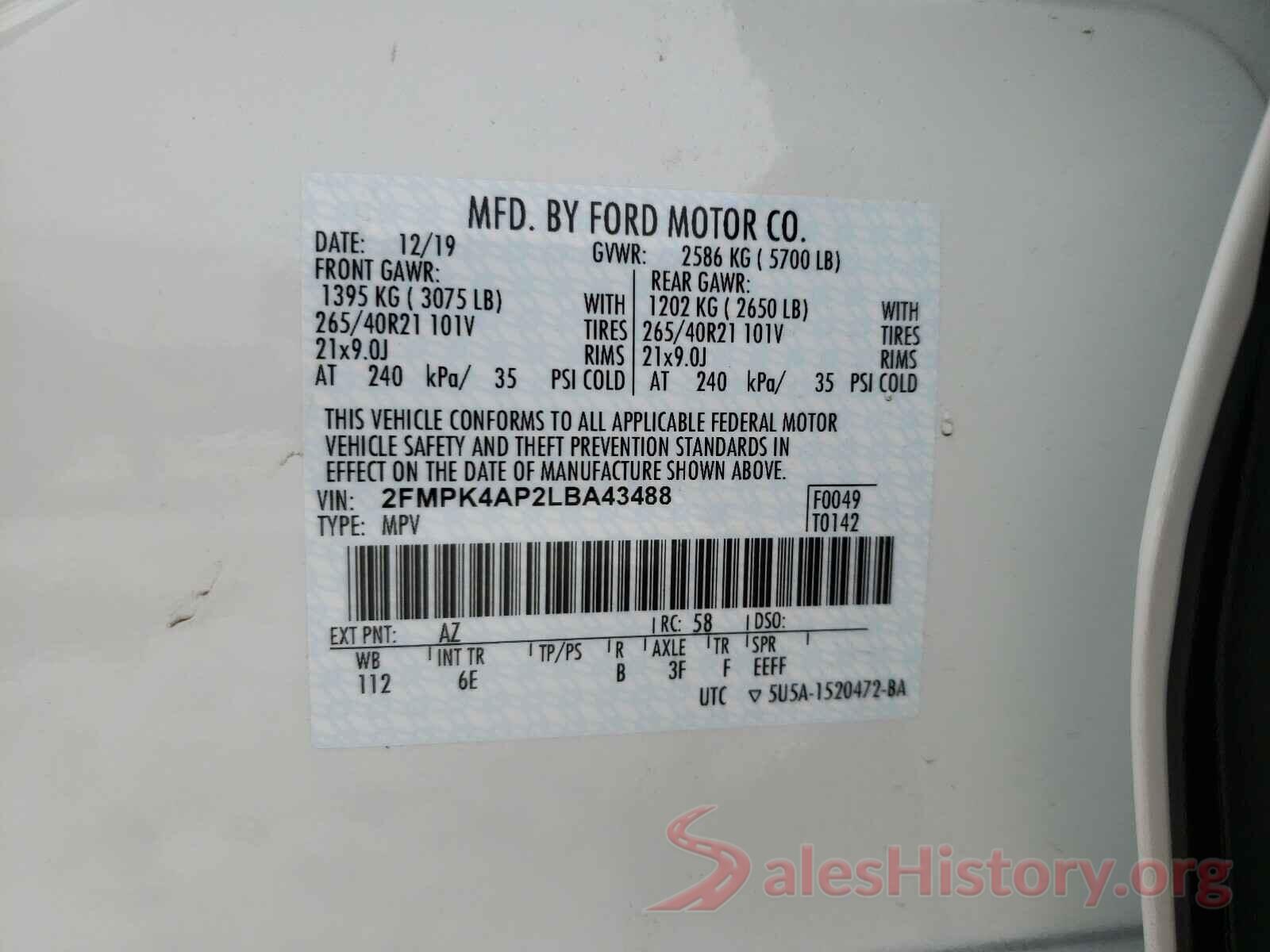 2FMPK4AP2LBA43488 2020 FORD EDGE