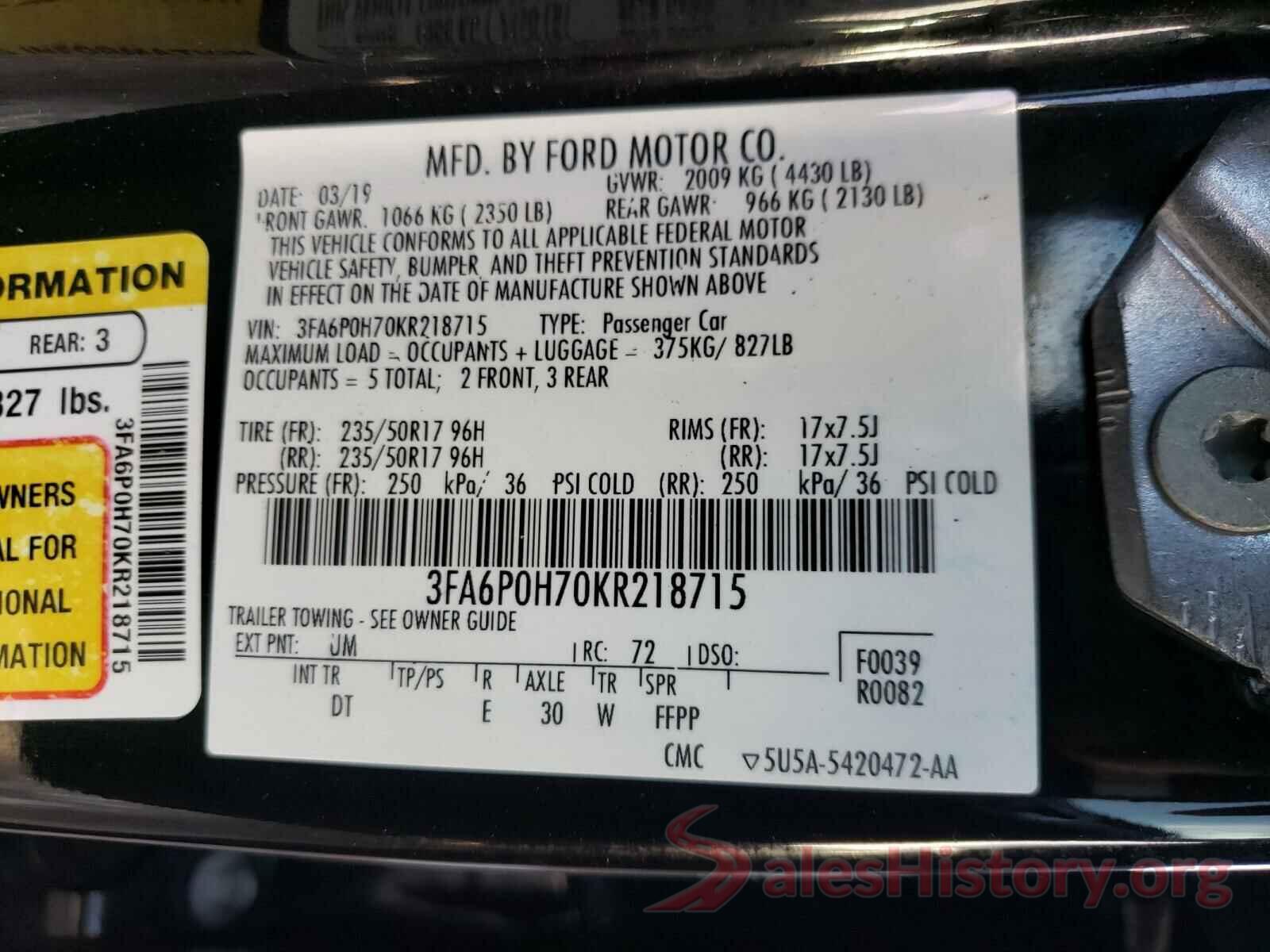 3FA6P0H70KR218715 2019 FORD FUSION