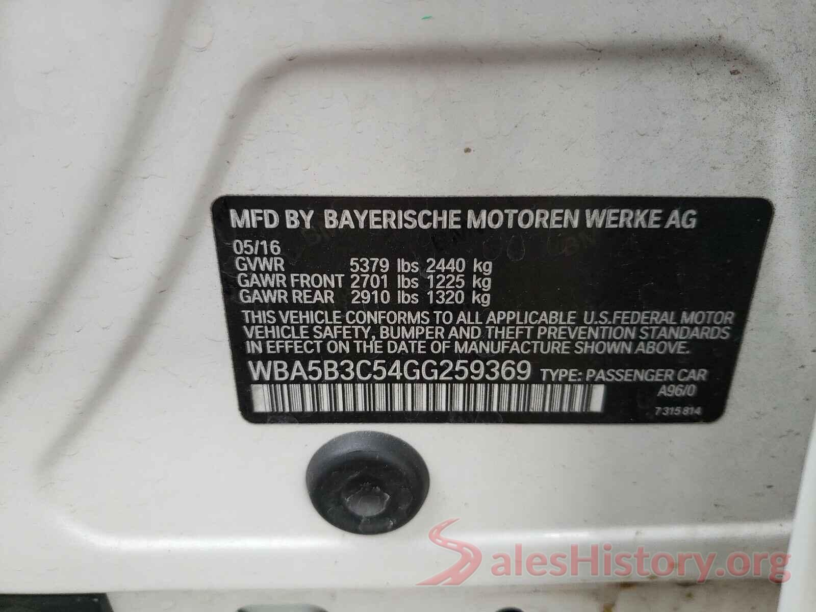 WBA5B3C54GG259369 2016 BMW 5 SERIES