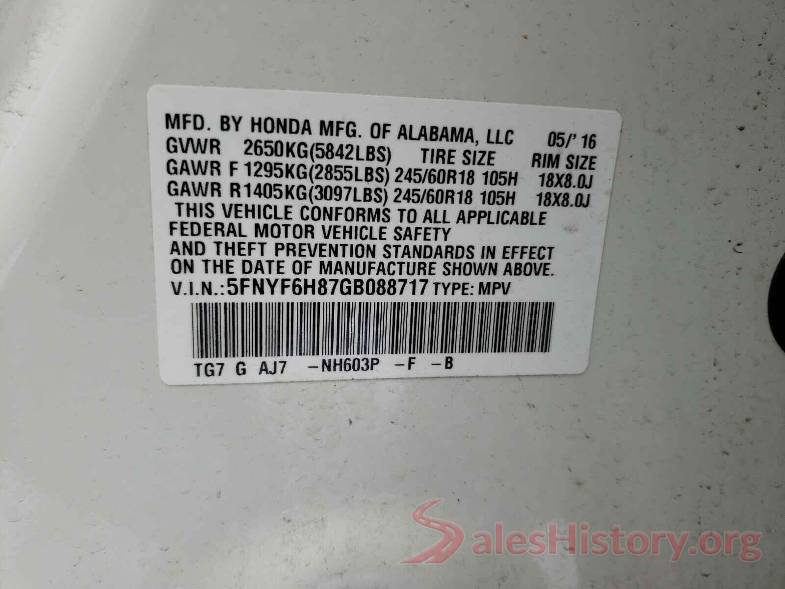 5FNYF6H87GB088717 2016 HONDA PILOT